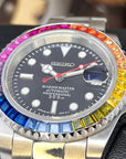 Rainbow | Stainless Steel with Sapphire Crystal | Oyst Steel Bracelet with Rainbow Jewel Bezel | Bust Down | Watch Mod | Bling