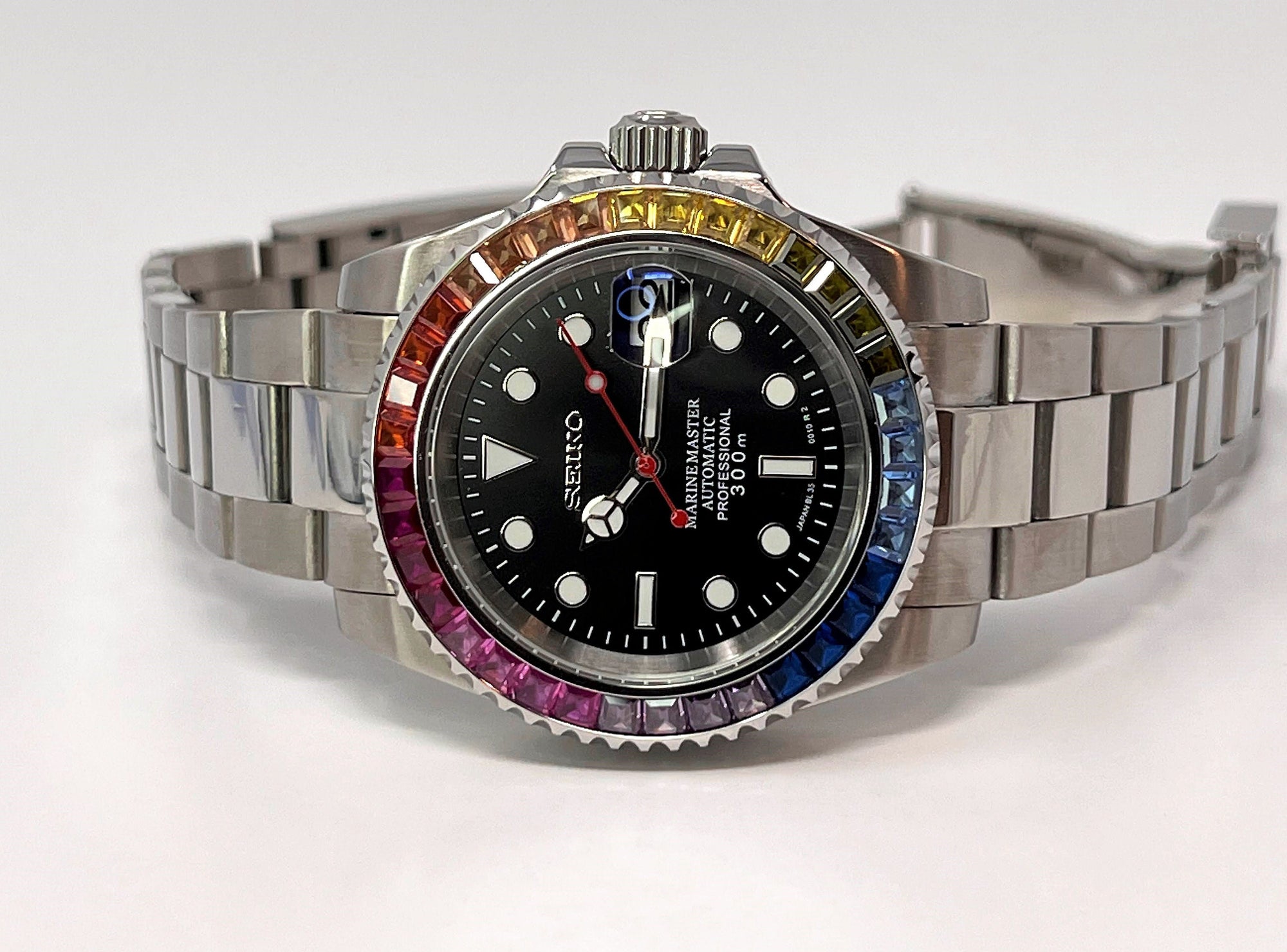 Rainbow | Stainless Steel with Sapphire Crystal | Oyst Steel Bracelet with Rainbow Jewel Bezel | Bust Down | Watch Mod | Bling