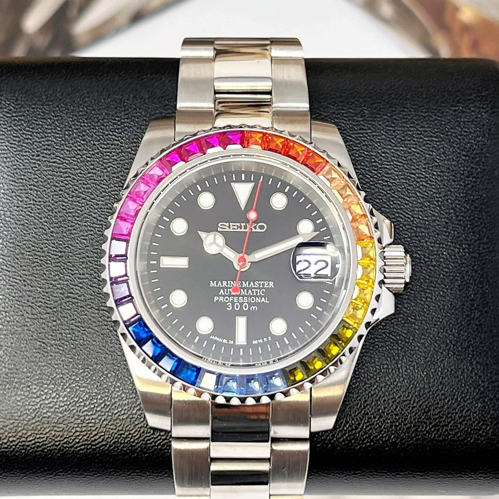 Rainbow | Stainless Steel with Sapphire Crystal | Oyst Steel Bracelet with Rainbow Jewel Bezel | Bust Down | Watch Mod | Bling