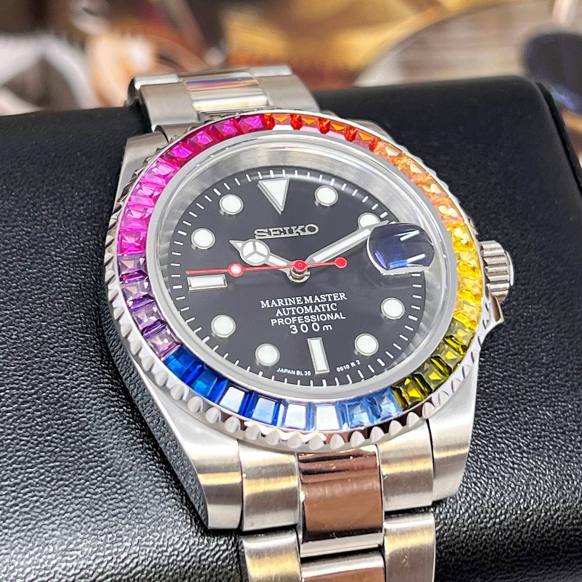 Rainbow | Stainless Steel with Sapphire Crystal | Oyst Steel Bracelet with Rainbow Jewel Bezel | Bust Down | Watch Mod | Bling