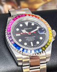Rainbow | Stainless Steel with Sapphire Crystal | Oyst Steel Bracelet with Rainbow Jewel Bezel | Bust Down | Watch Mod | Bling