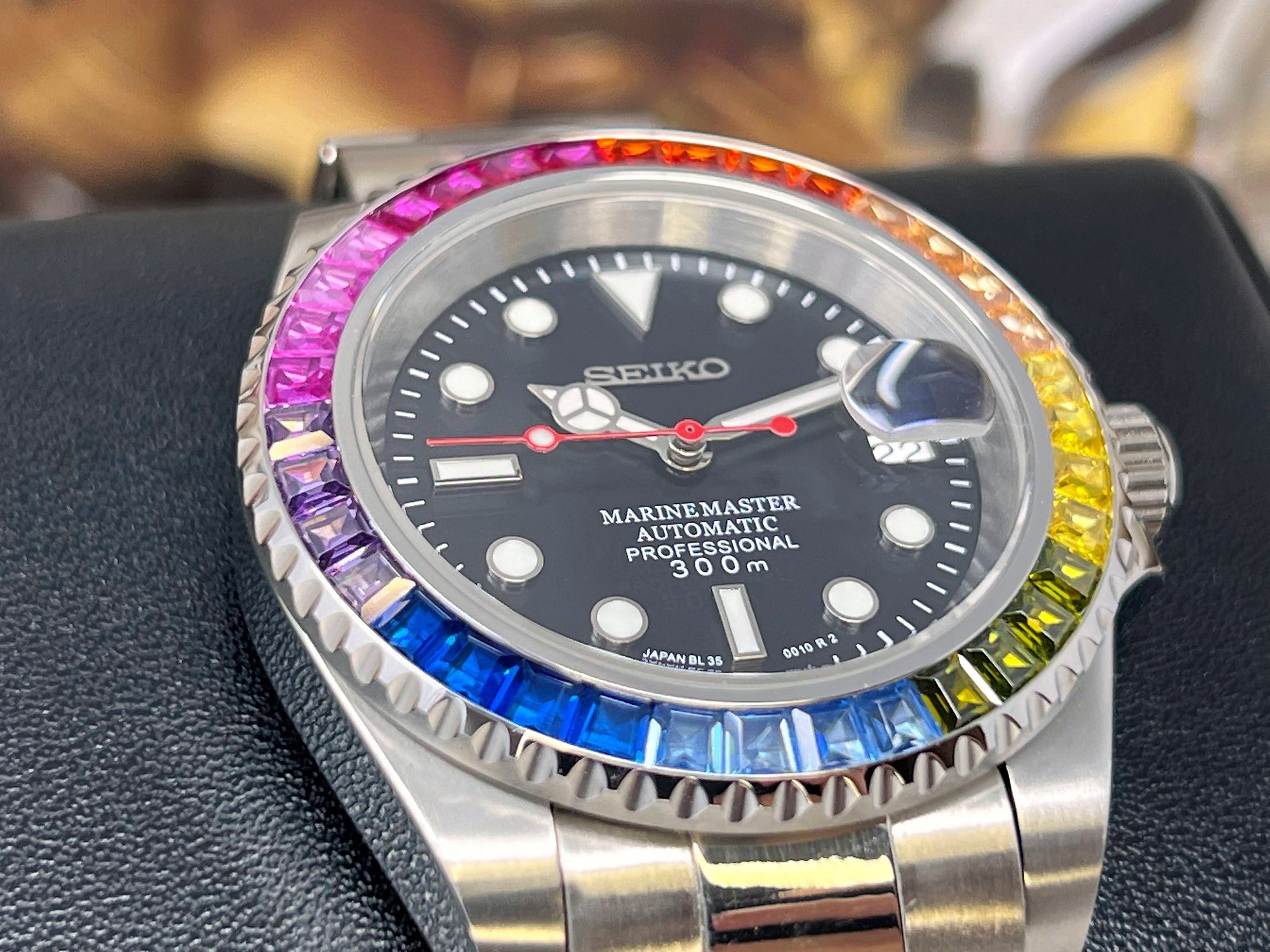Rainbow | Stainless Steel with Sapphire Crystal | Oyst Steel Bracelet with Rainbow Jewel Bezel | Bust Down | Watch Mod | Bling