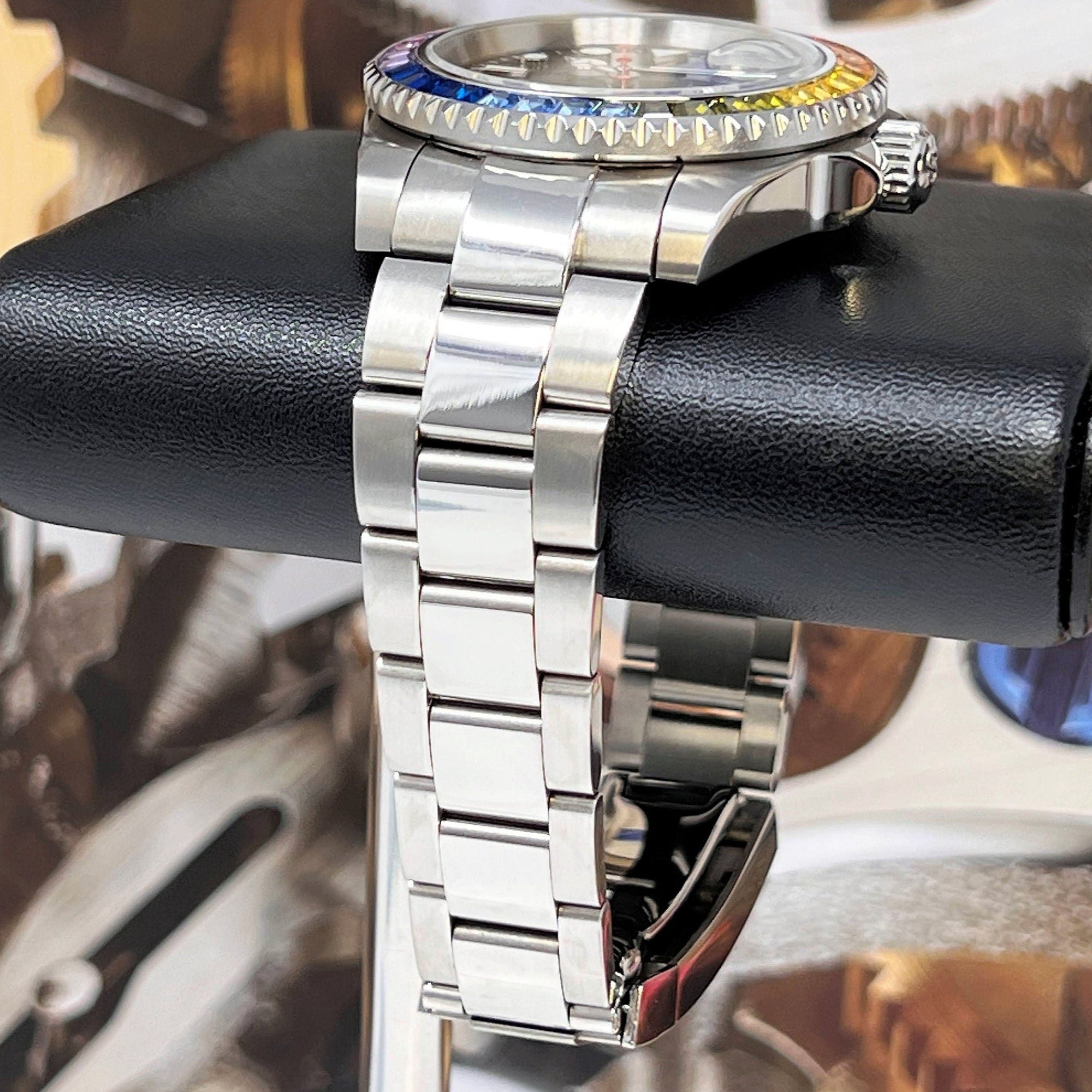 Rainbow | Stainless Steel with Sapphire Crystal | Oyst Steel Bracelet with Rainbow Jewel Bezel | Bust Down | Watch Mod | Bling