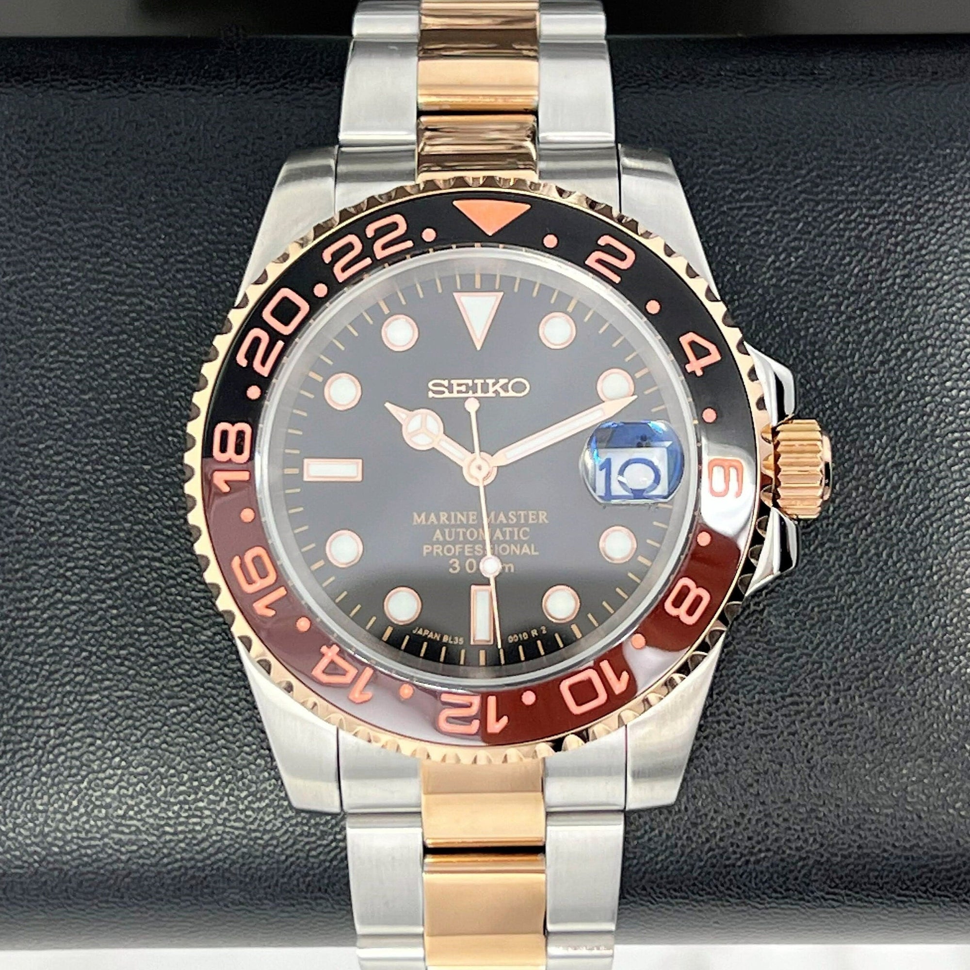 Custom Rootbeer Two Tone GMT Watch | Stainless Steel Sport Watch | Custom Sub | 20mm Oyst Bracelet | Perpetual Date | Sub | 41mm
