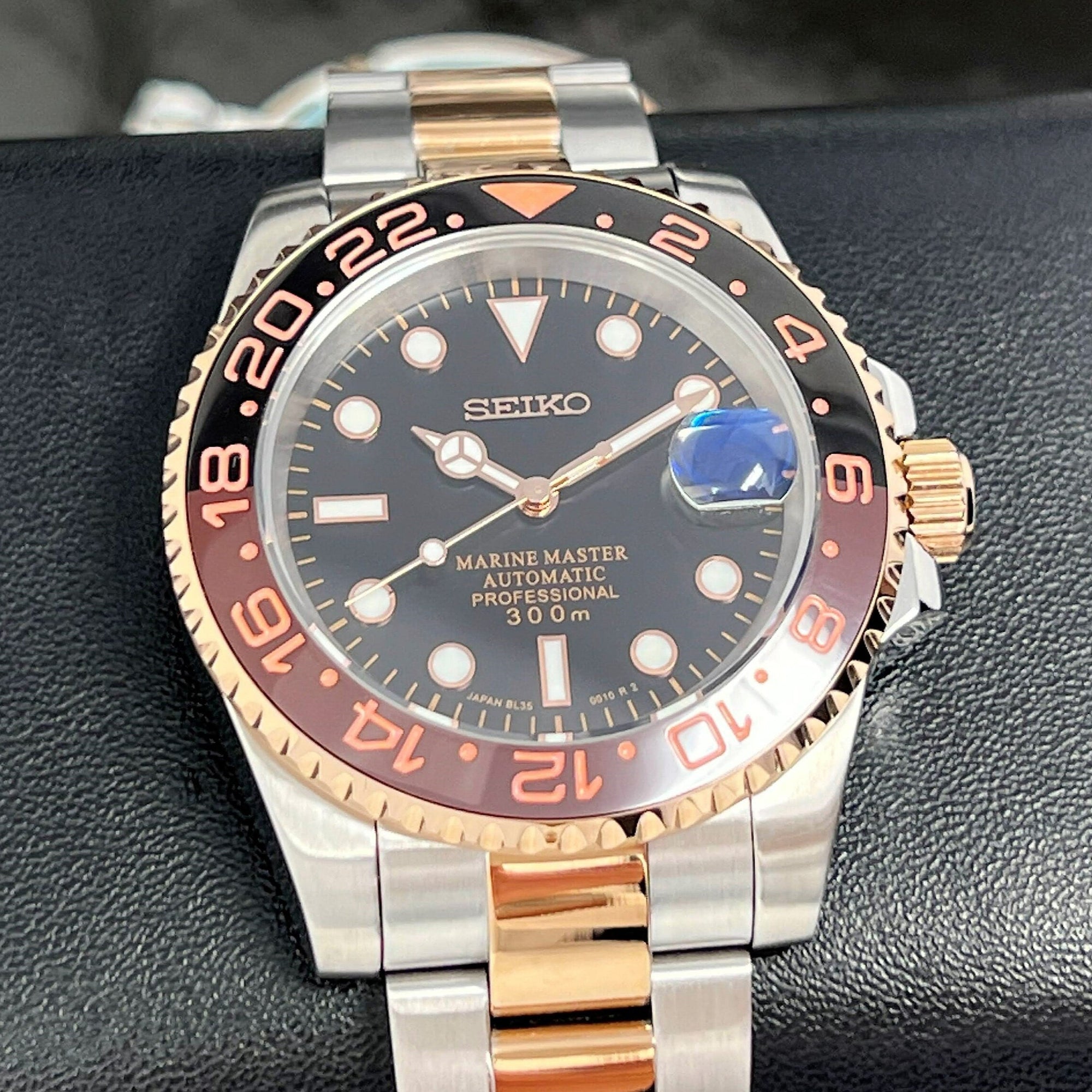 Custom Rootbeer Two Tone GMT Watch | Stainless Steel Sport Watch | Custom Sub | 20mm Oyst Bracelet | Perpetual Date | Sub | 41mm