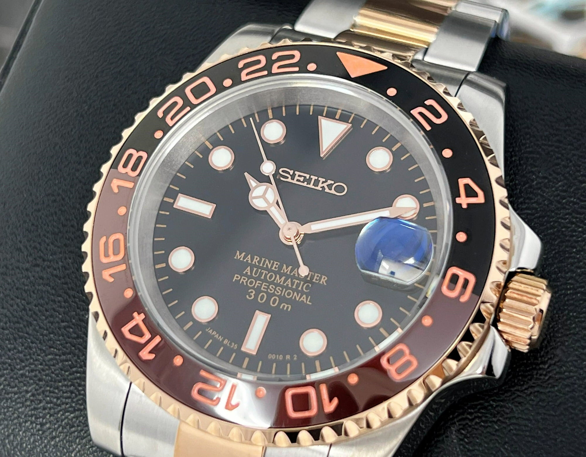 Custom Rootbeer Two Tone GMT Watch | Stainless Steel Sport Watch | Custom Sub | 20mm Oyst Bracelet | Perpetual Date | Sub | 41mm