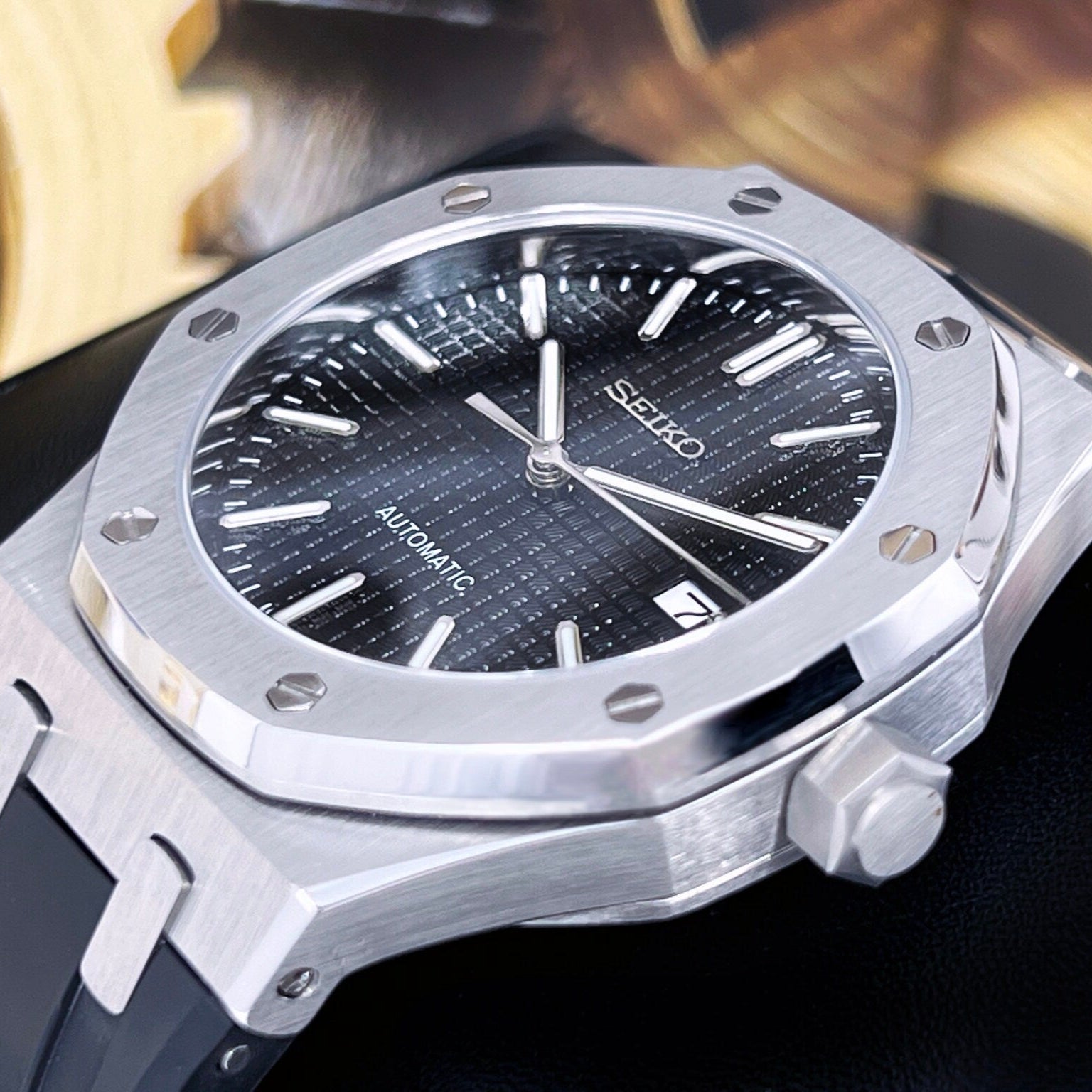 Seikoak on Rubber - Modern Stainless Steel with Rugged Rubber Strap - Luxury Dress and Sport Watch | Black Waffle Dial | Mod | Custom
