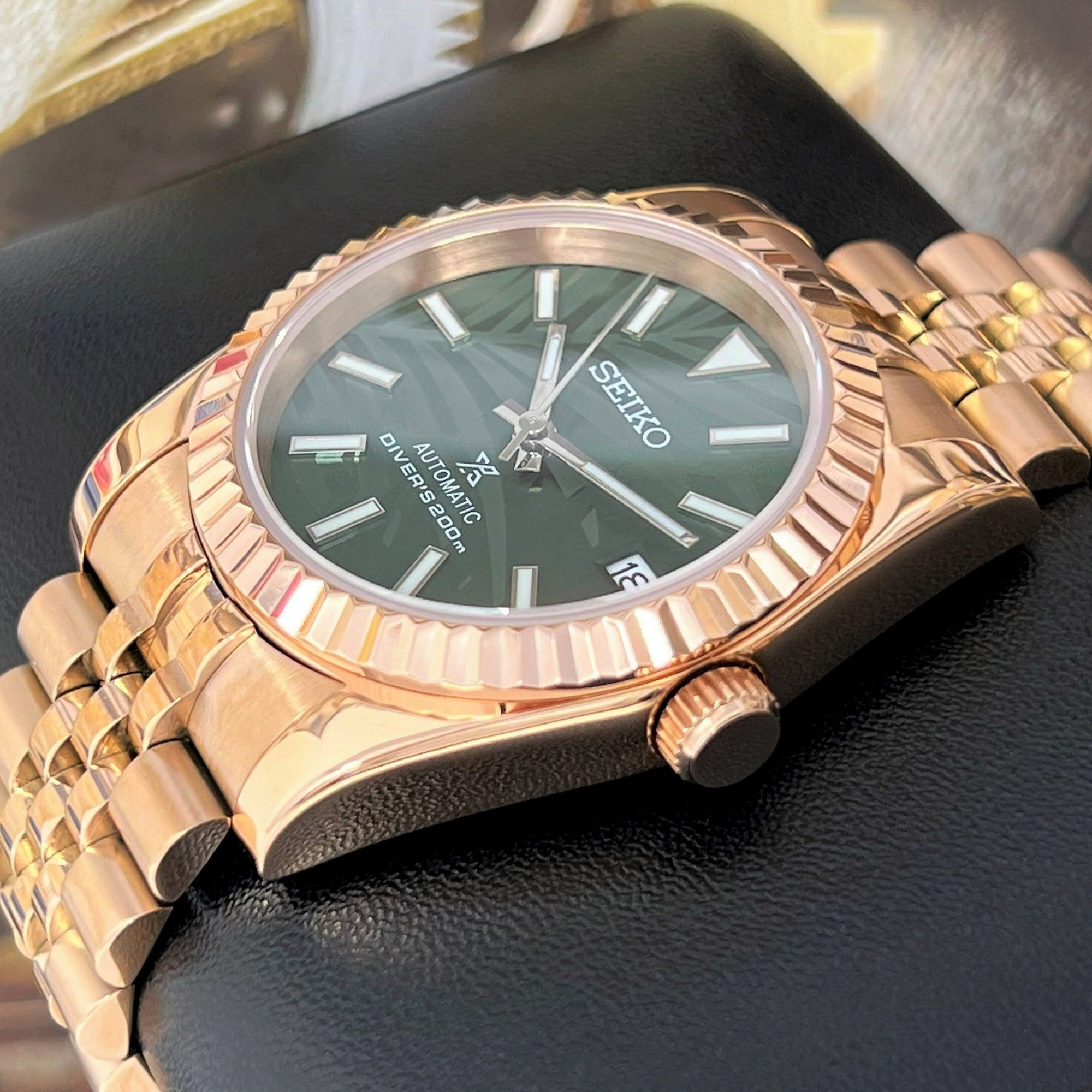 Custom Palm Green Rose Gold DJ | 36mm or 39mm | Fluted Bezel | Jub | Date | NH35 | Mod | Watch Mod | Custom Watch | Bronze Watch