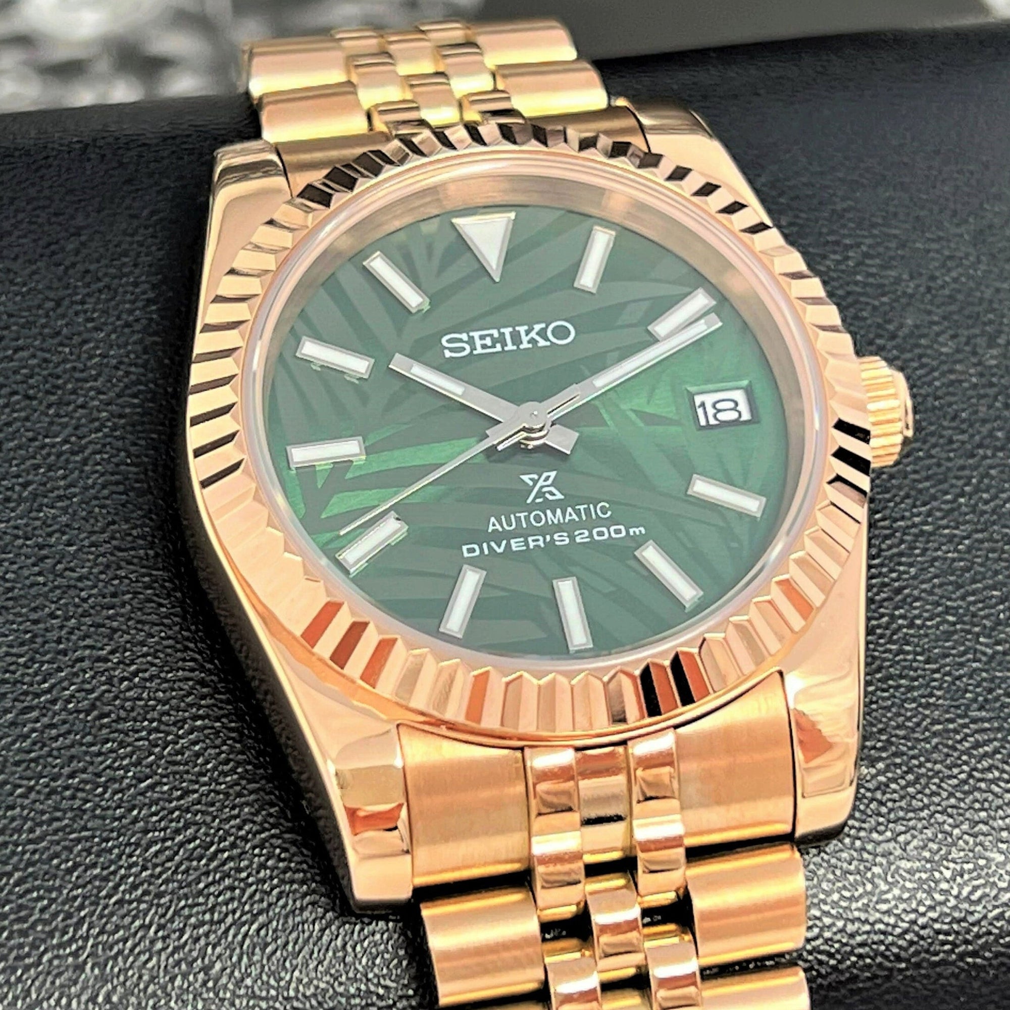 Custom Palm Green Rose Gold DJ | 36mm or 39mm | Fluted Bezel | Jub | Date | NH35 | Mod | Watch Mod | Custom Watch | Bronze Watch
