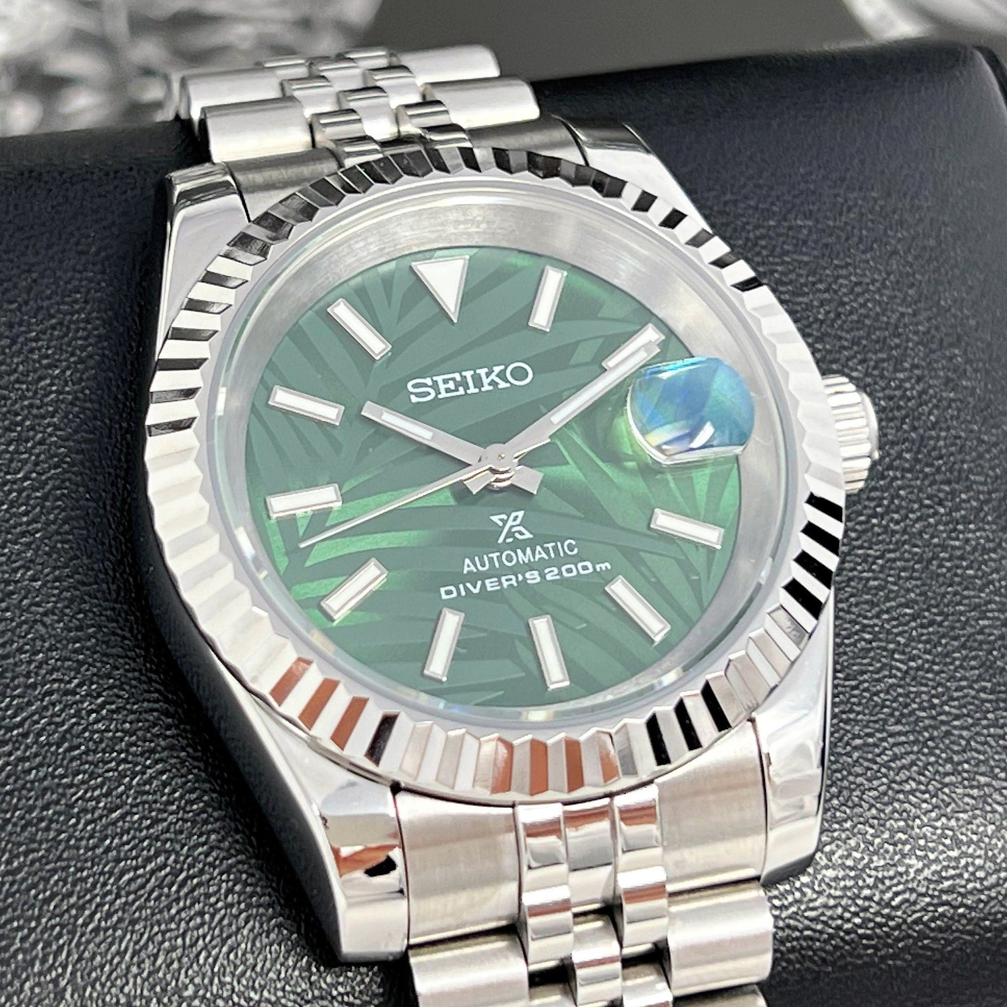 Custom Palm Green Datejust 36 / 39mm | Fluted Bezel | Stainless Steel Jub | Date | NH35 | Mod | Watch Mod | Custom Watch Mod