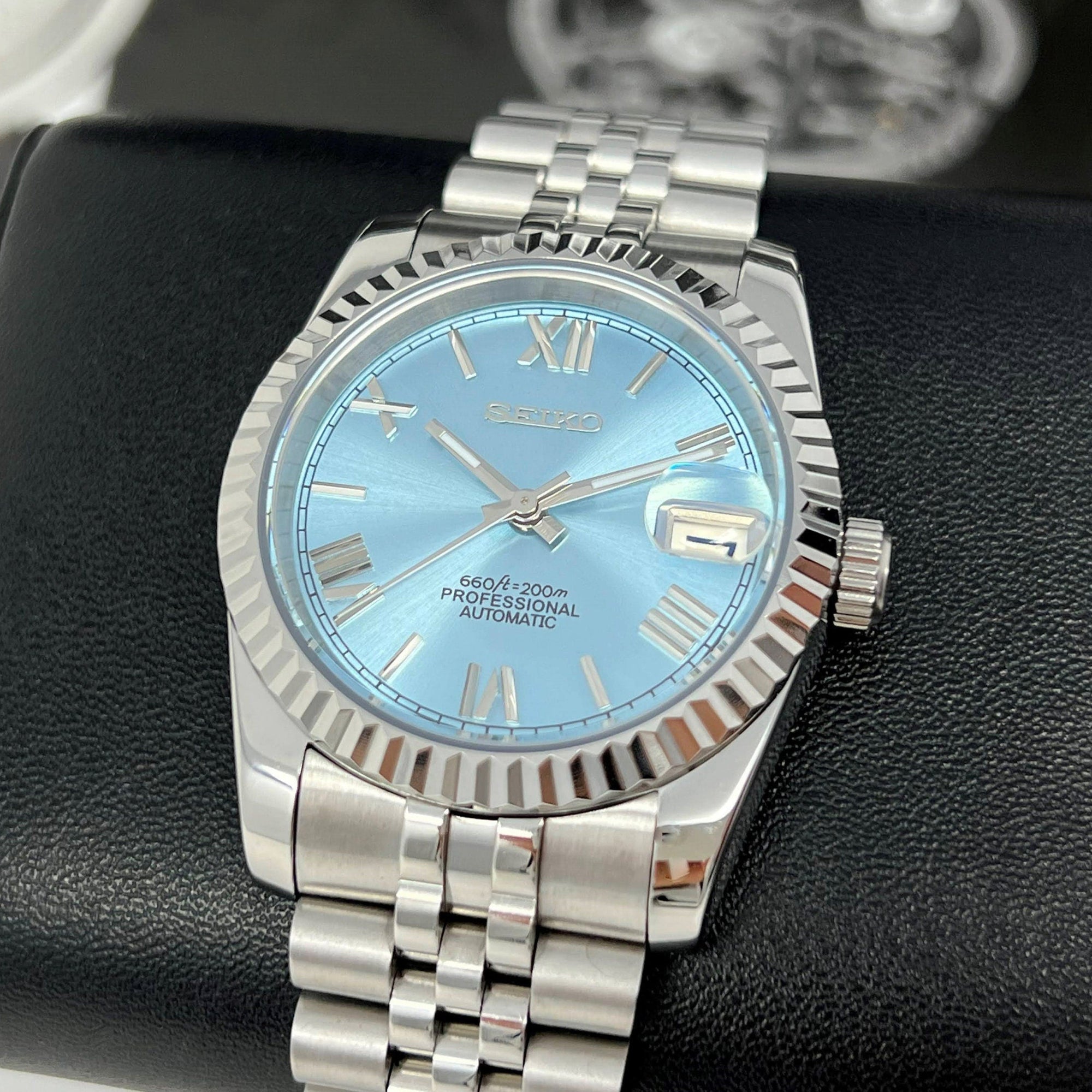 Custom Rare Ice Blue Datejust 36mm 39mm | Fluted Bezel | Jub | NH35 | Watch Mod | Buckley Dial | DJ36 | Roman Numeral | Platinum