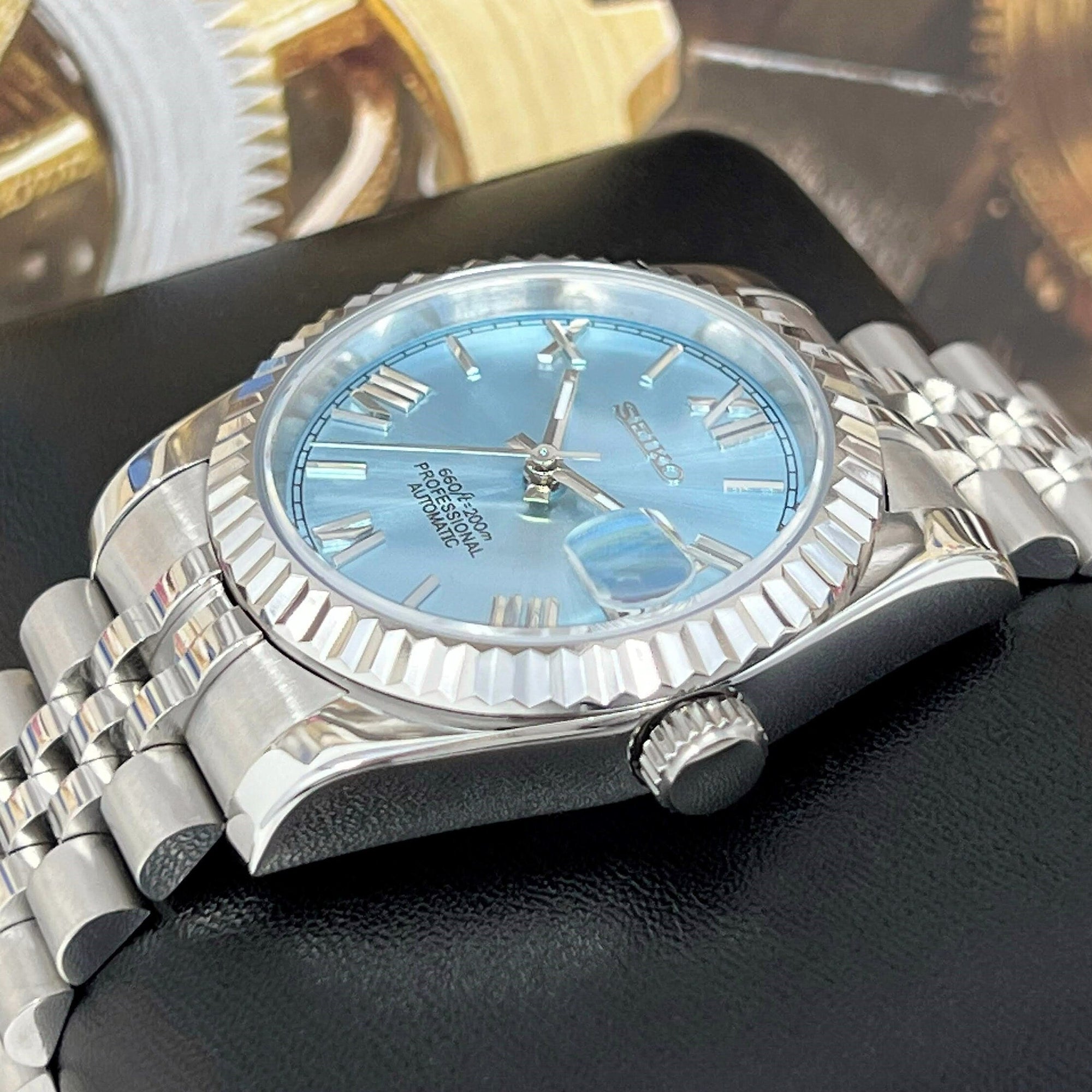 Custom Rare Ice Blue Datejust 36mm 39mm | Fluted Bezel | Jub | NH35 | Watch Mod | Buckley Dial | DJ36 | Roman Numeral | Platinum