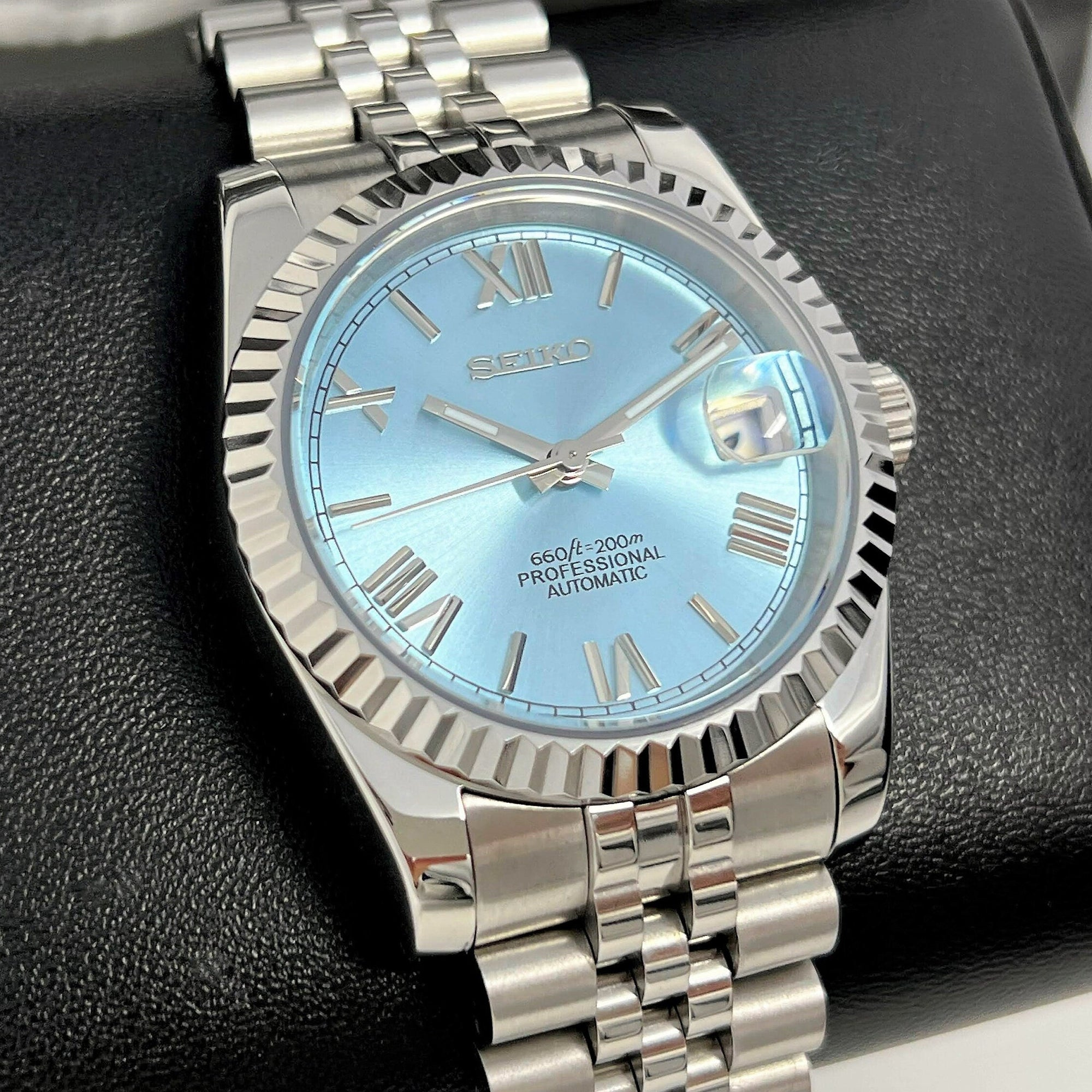 Custom Rare Ice Blue Datejust 36mm 39mm | Fluted Bezel | Jub | NH35 | Watch Mod | Buckley Dial | DJ36 | Roman Numeral | Platinum