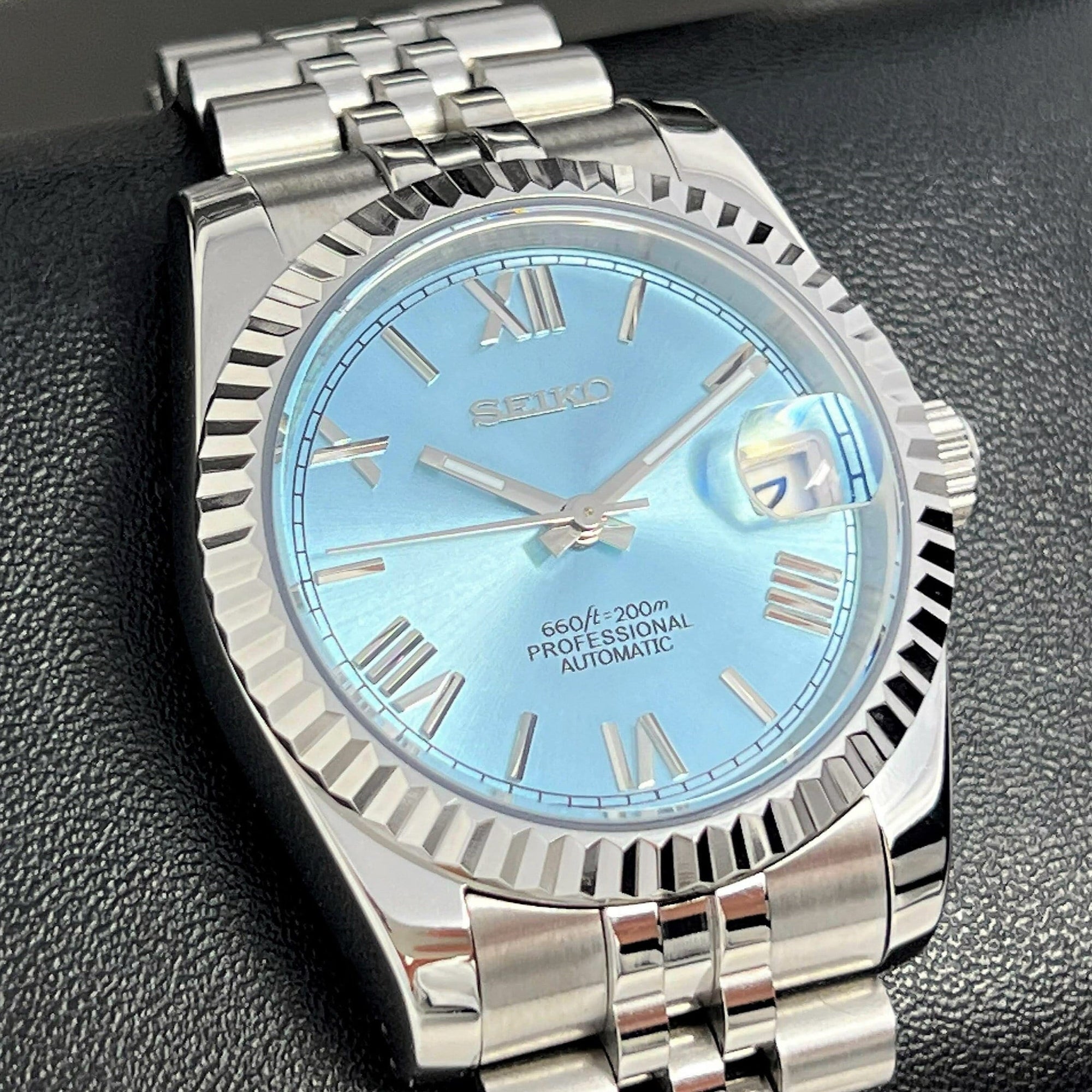 Custom Rare Ice Blue Datejust 36mm 39mm | Fluted Bezel | Jub | NH35 | Watch Mod | Buckley Dial | DJ36 | Roman Numeral | Platinum