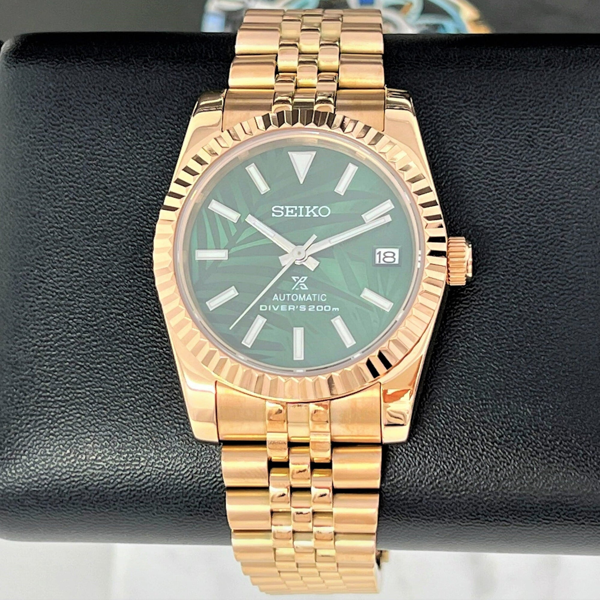 Custom Palm Green Rose Gold DJ | 36mm or 39mm | Fluted Bezel | Jub | Date | NH35 | Mod | Watch Mod | Custom Watch | Bronze Watch