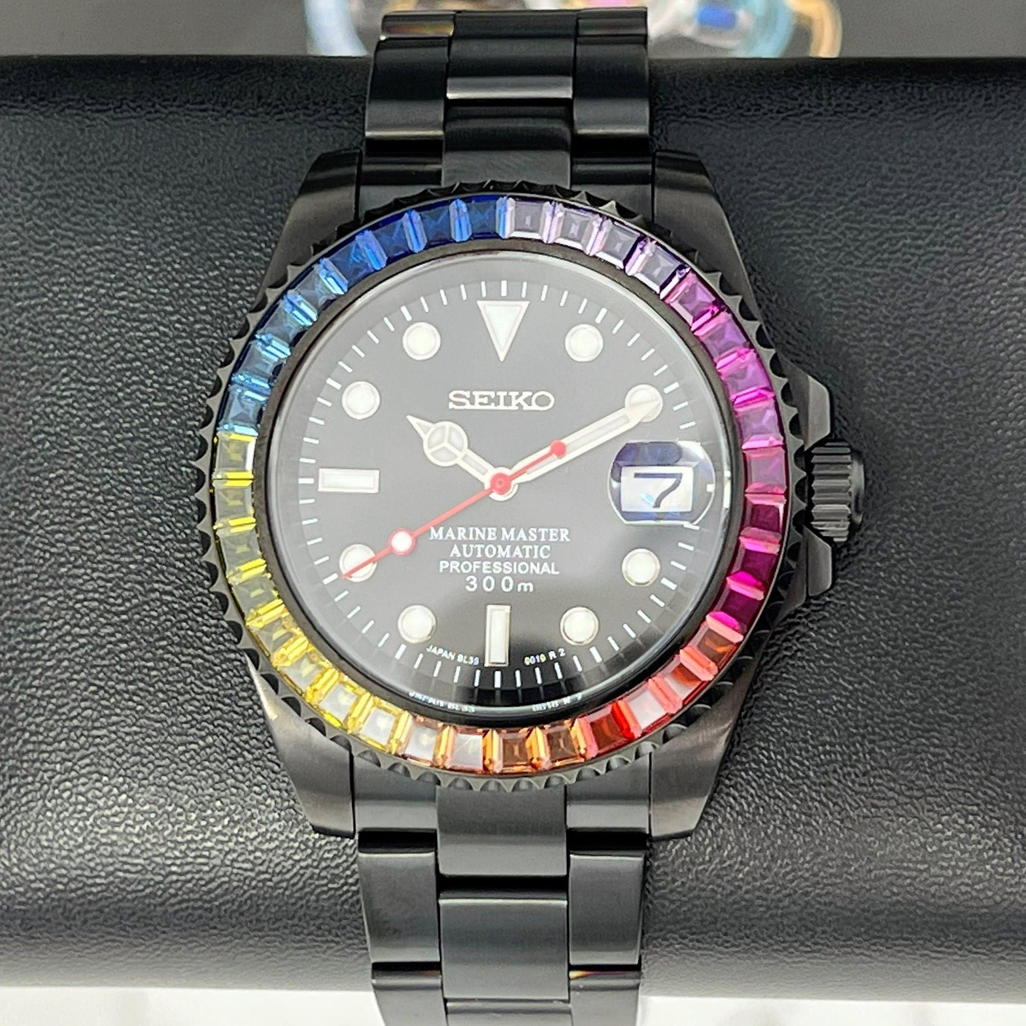 Rainbow Stealth | Black with Sapphire Crystal | Oyst Steel Bracelet | Jewel | Bust Down | Gem Frost | Bling | Color | Watch Mod