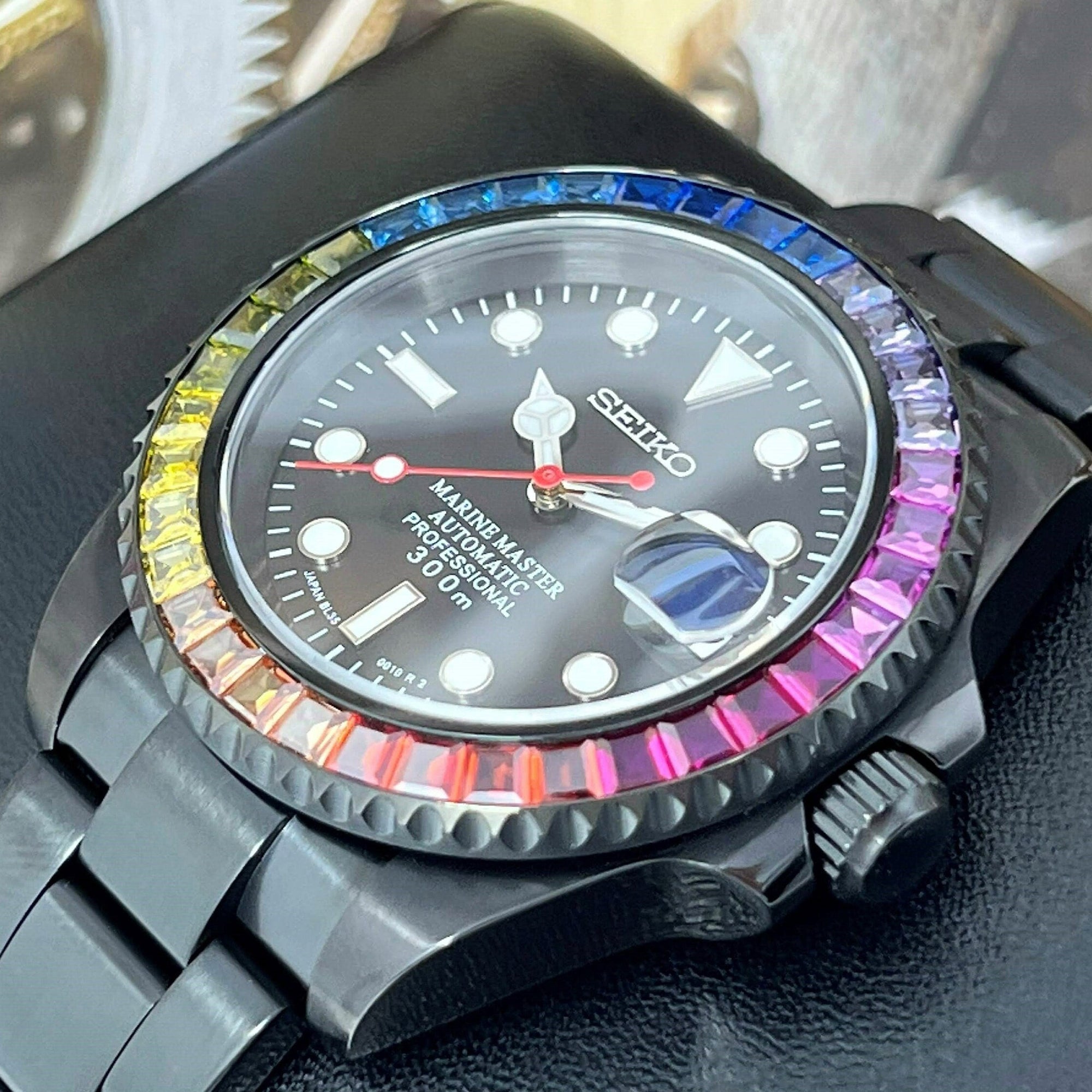 Rainbow Stealth | Black with Sapphire Crystal | Oyst Steel Bracelet | Jewel | Bust Down | Gem Frost | Bling | Color | Watch Mod