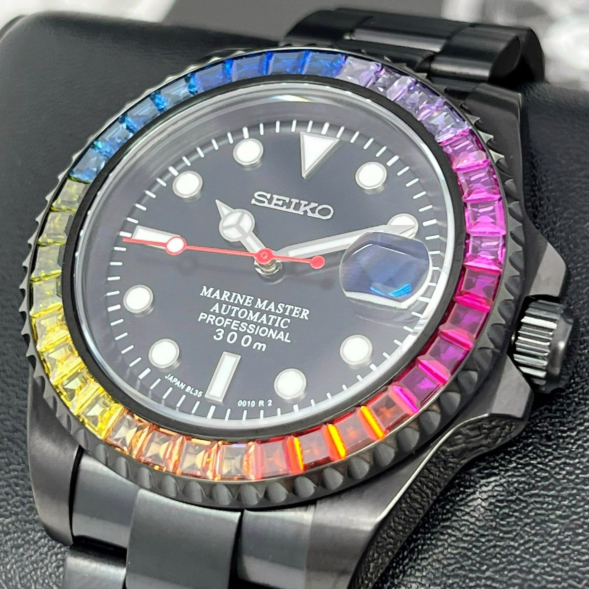 Rainbow Stealth | Black with Sapphire Crystal | Oyst Steel Bracelet | Jewel | Bust Down | Gem Frost | Bling | Color | Watch Mod