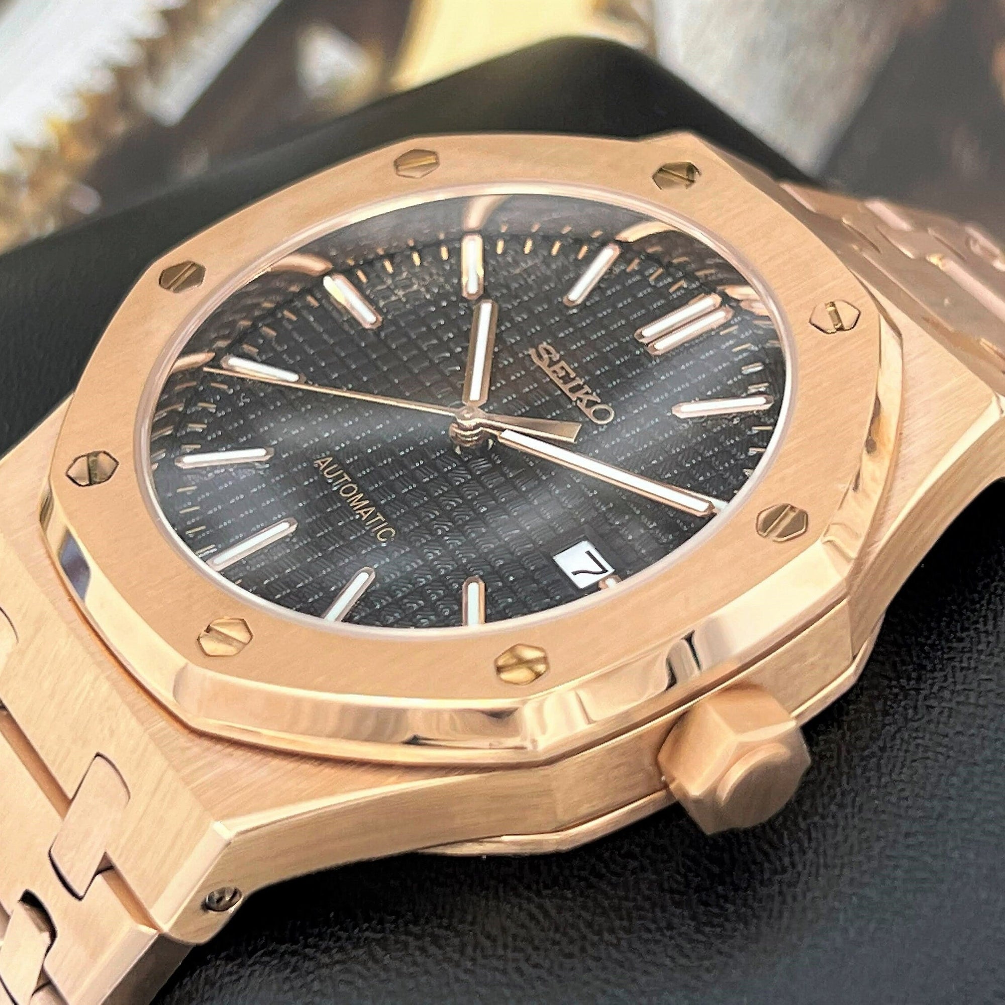 Seikoak Rose Gold Luxury Dress Watch | Black Dial | Mod | Watch Mod | Custom Watch | NH35 Automatic Movement | 42mm | Steel Sport