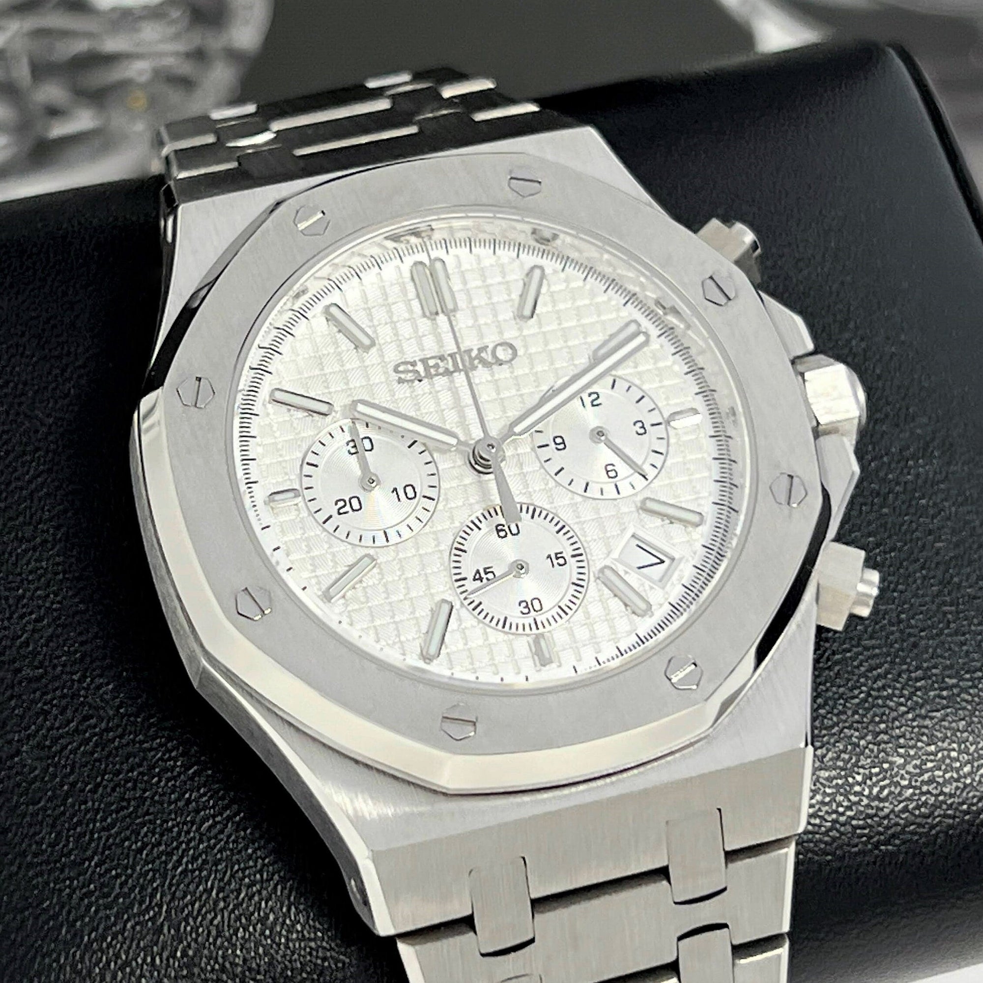 Seikoak Luxury Chronograph | White on Stainless Steel | Sport Watch 42mm | Royal | Oak | Waffle Dial | VK63 Wristwatch | Custom Men's Watch
