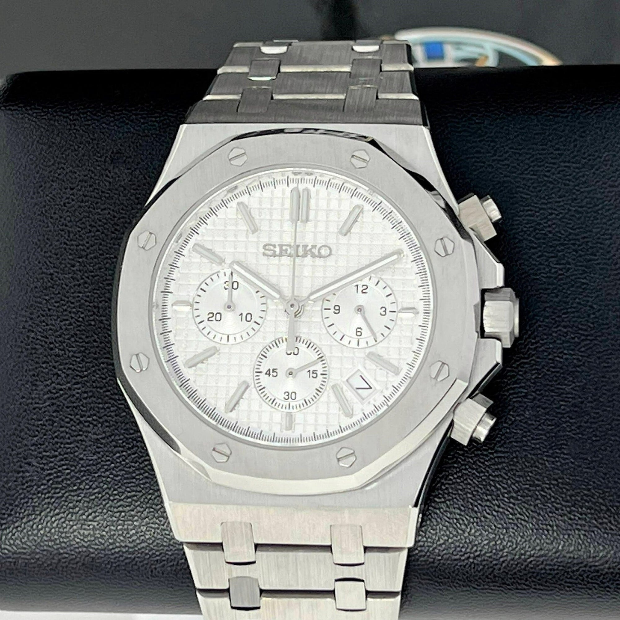 Seikoak Luxury Chronograph | White on Stainless Steel | Sport Watch 42mm | Royal | Oak | Waffle Dial | VK63 Wristwatch | Custom Men's Watch