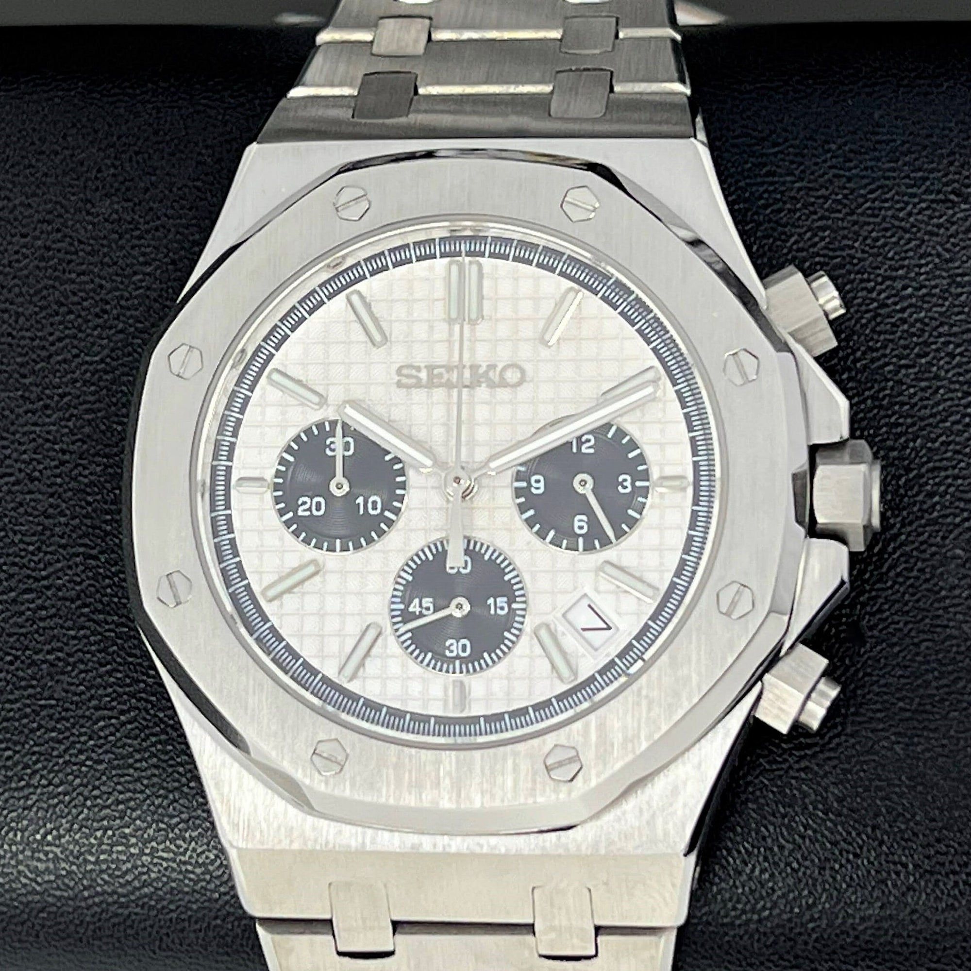 Seikoak Luxury Chronograph Watch | Panda Dial on Stainless Steel | Men's Sport Watch 42mm | Royal | Oak | Waffle Dial | VK63 Wristwatch