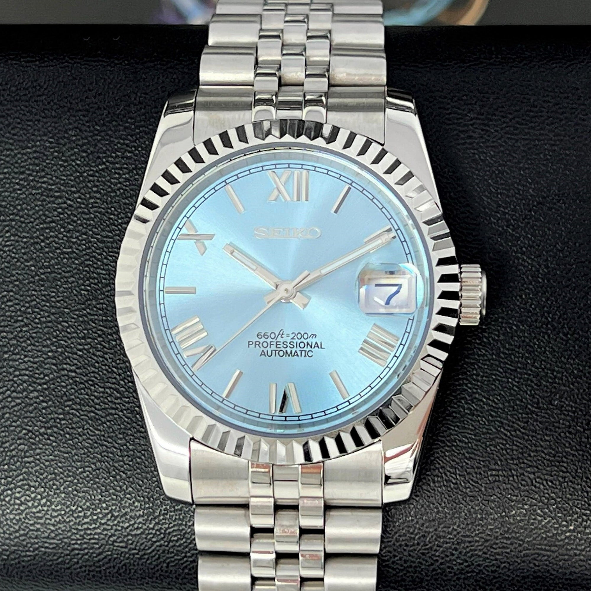 Custom Rare Ice Blue Datejust 36mm 39mm | Fluted Bezel | Jub | NH35 | Watch Mod | Buckley Dial | DJ36 | Roman Numeral | Platinum