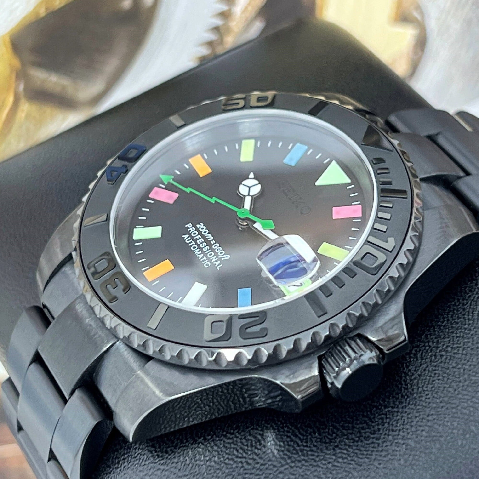 Black Stealth Rainbow Watch Mod | Sapphire Crystal | Oyst Steel Bracelet | Colorful Indices | Color | Lightning | NH35
