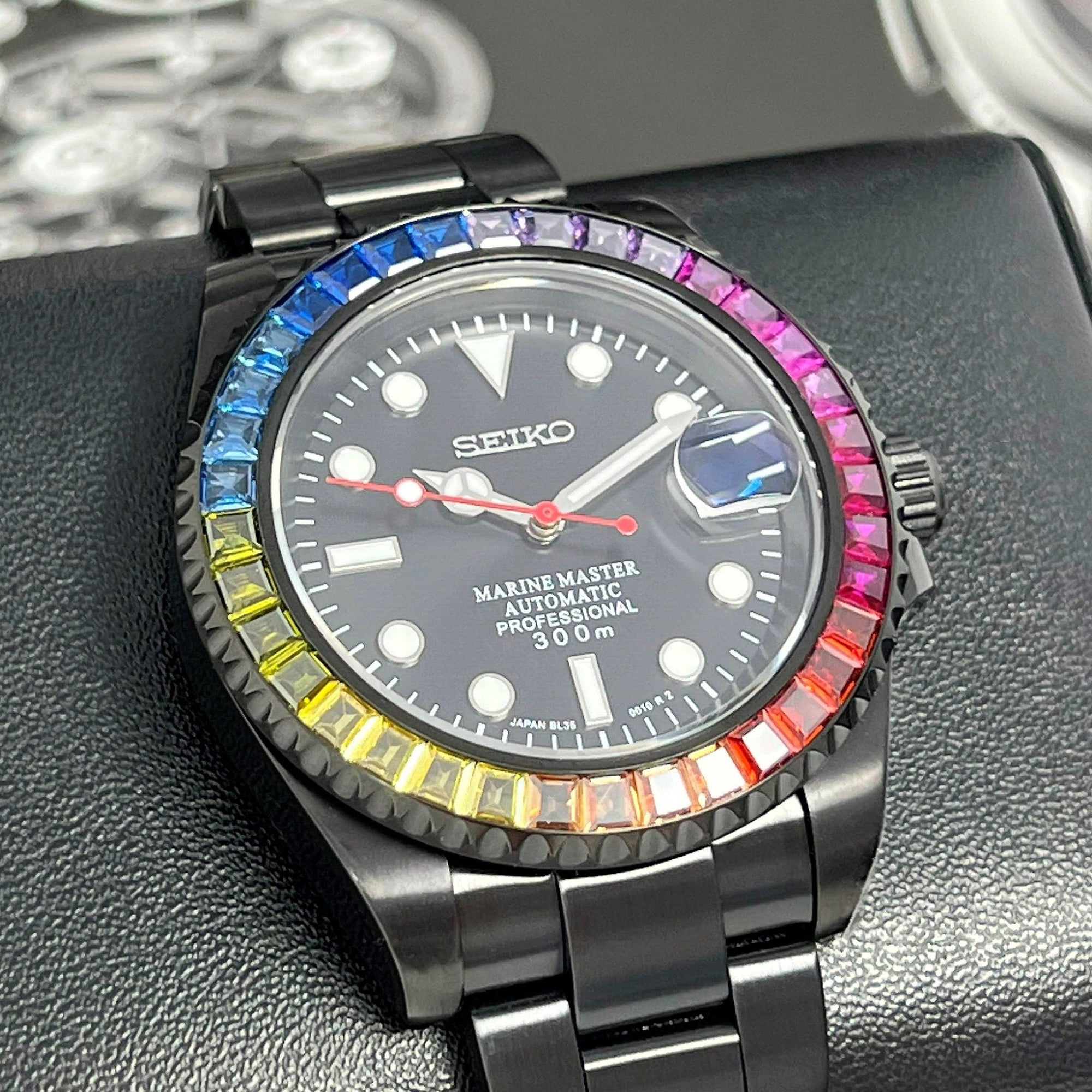 Rainbow Stealth | Black with Sapphire Crystal | Oyst Steel Bracelet | Jewel | Bust Down | Gem Frost | Bling | Color | Watch Mod