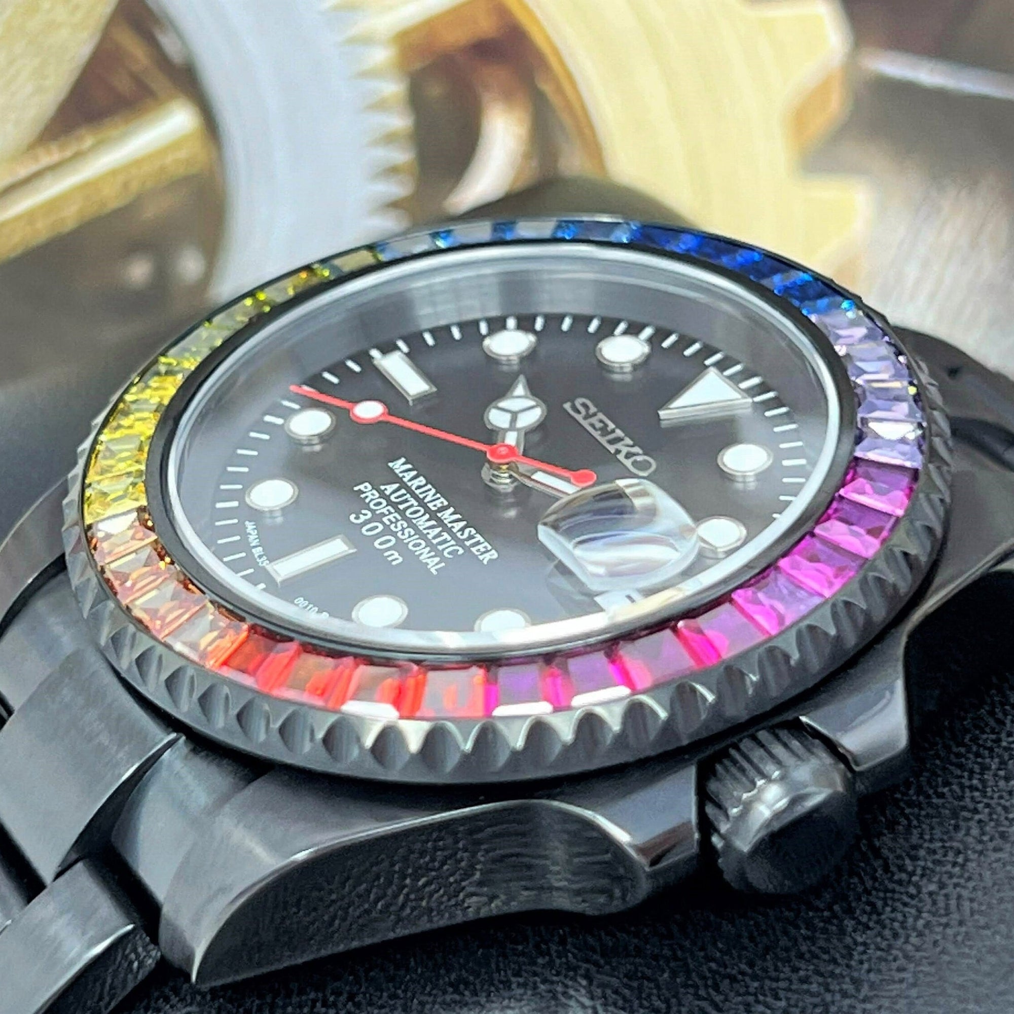 Rainbow Stealth | Black with Sapphire Crystal | Oyst Steel Bracelet | Jewel | Bust Down | Gem Frost | Bling | Color | Watch Mod