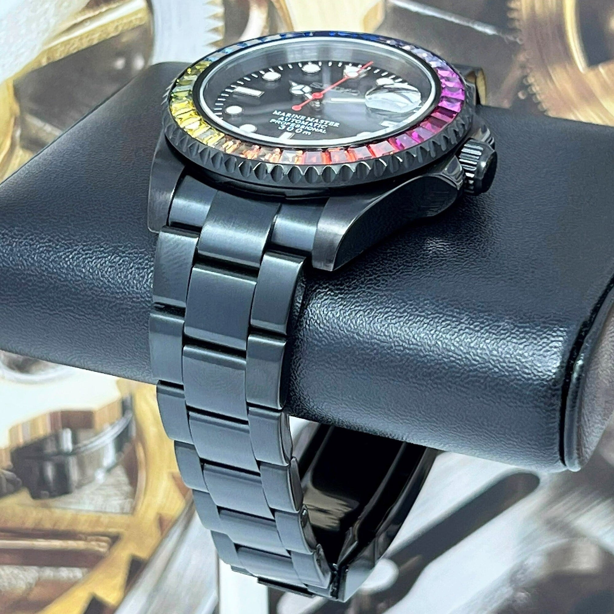 Rainbow Stealth | Black with Sapphire Crystal | Oyst Steel Bracelet | Jewel | Bust Down | Gem Frost | Bling | Color | Watch Mod