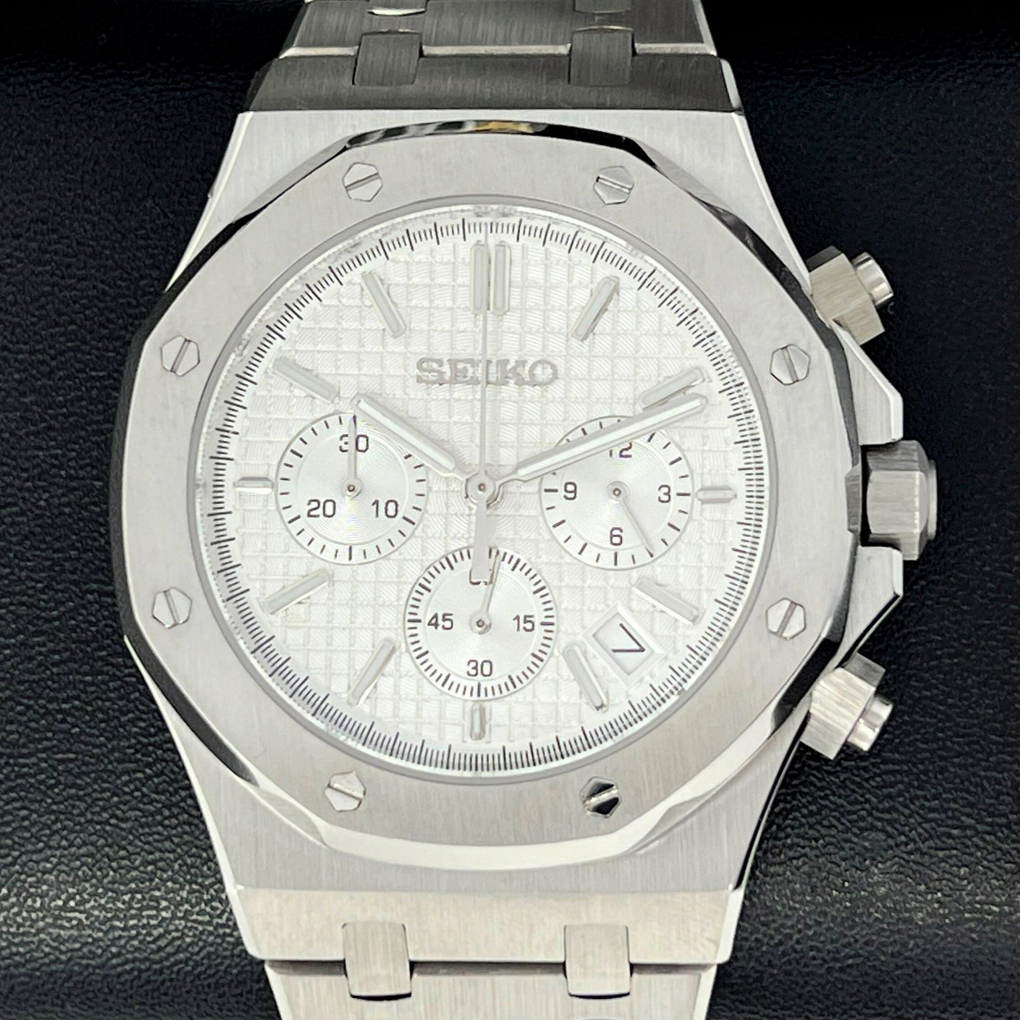 Seikoak Luxury Chronograph | White on Stainless Steel | Sport Watch 42mm | Royal | Oak | Waffle Dial | VK63 Wristwatch | Custom Men's Watch