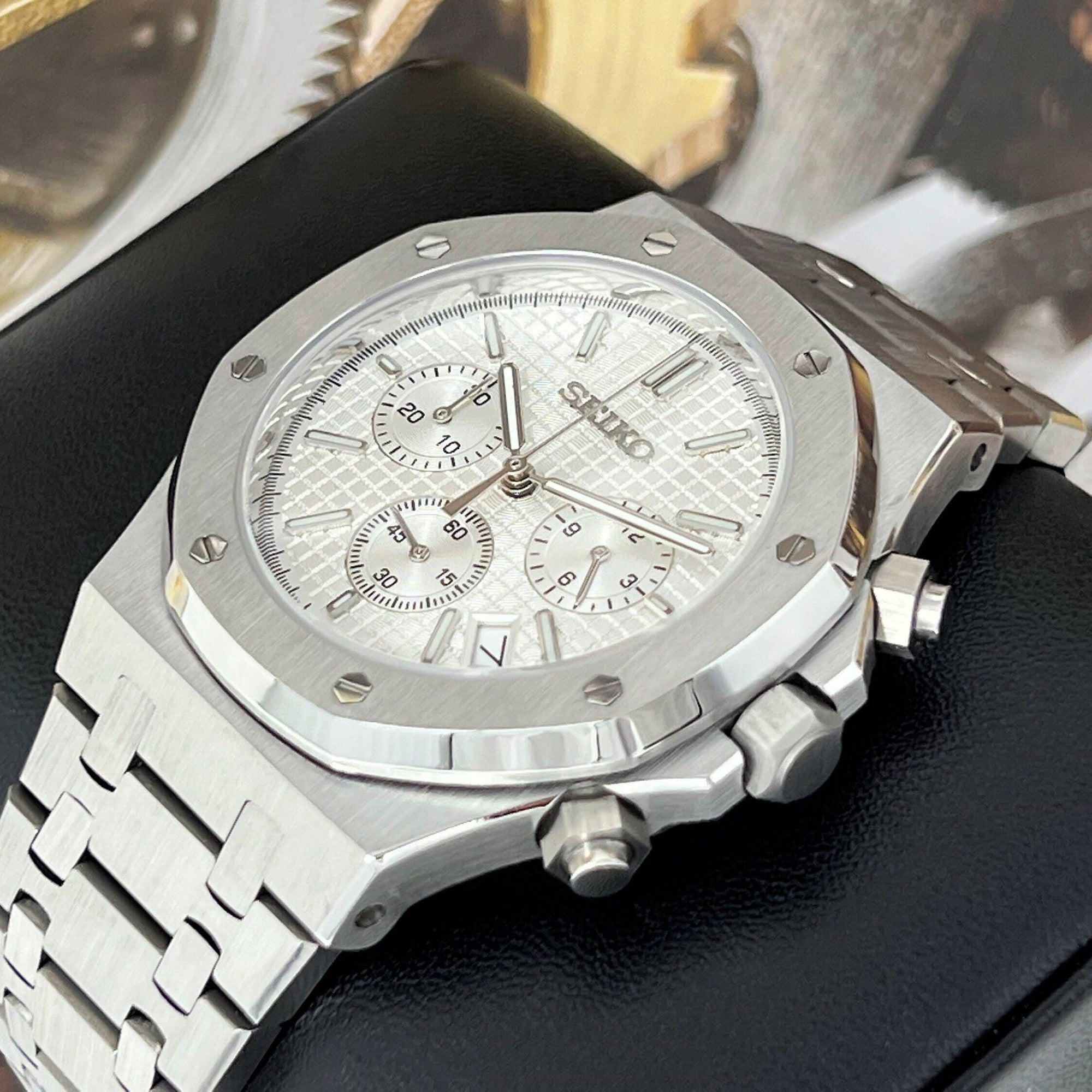 Seikoak Luxury Chronograph | White on Stainless Steel | Sport Watch 42mm | Royal | Oak | Waffle Dial | VK63 Wristwatch | Custom Men's Watch
