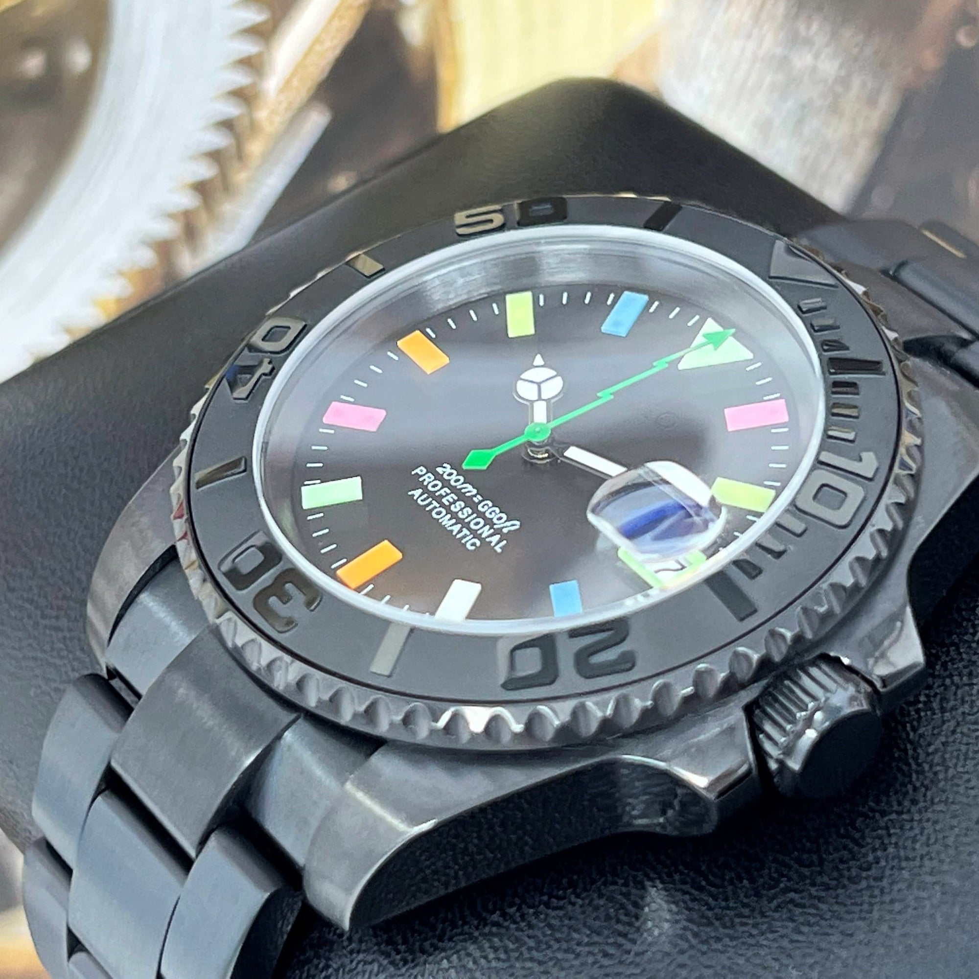 Black Stealth Rainbow Watch Mod | Sapphire Crystal | Oyst Steel Bracelet | Colorful Indices | Color | Lightning | NH35