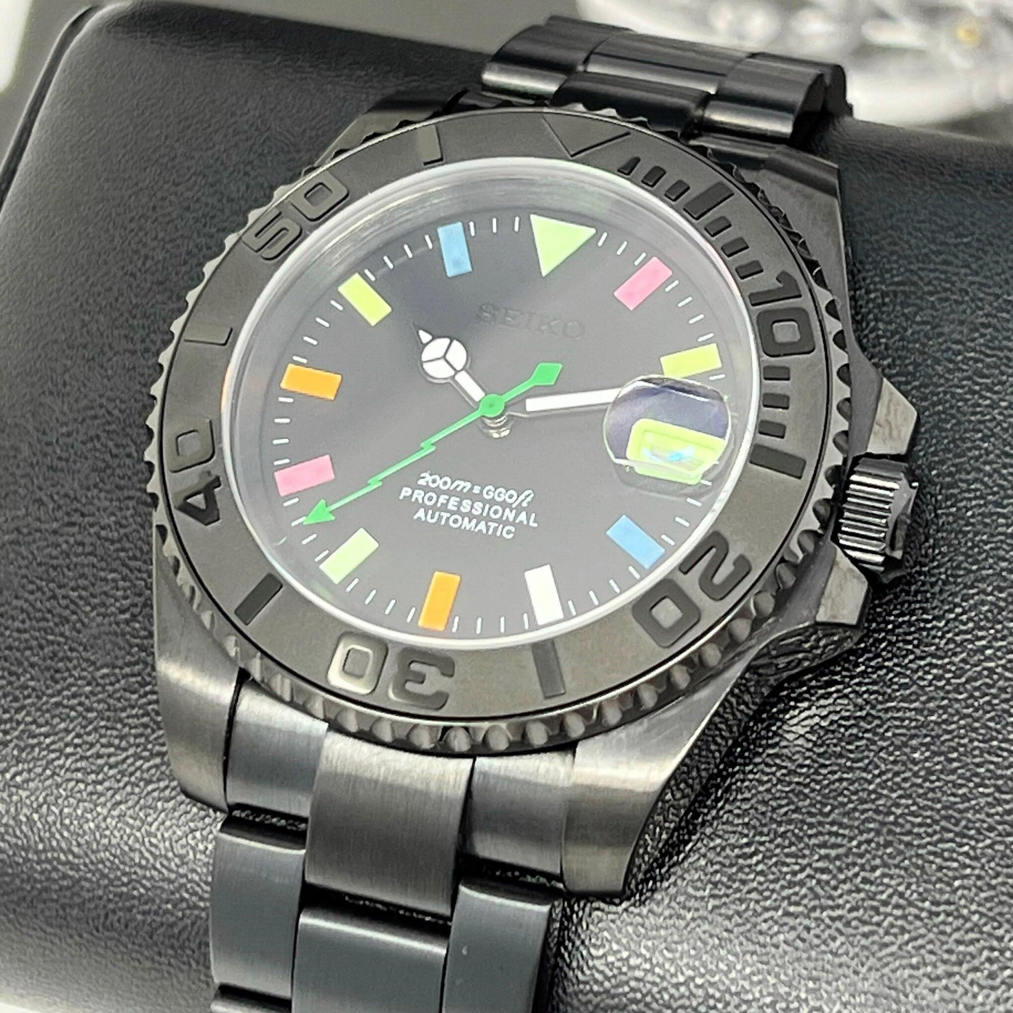 Black Stealth Rainbow Watch Mod | Sapphire Crystal | Oyst Steel Bracelet | Colorful Indices | Color | Lightning | NH35