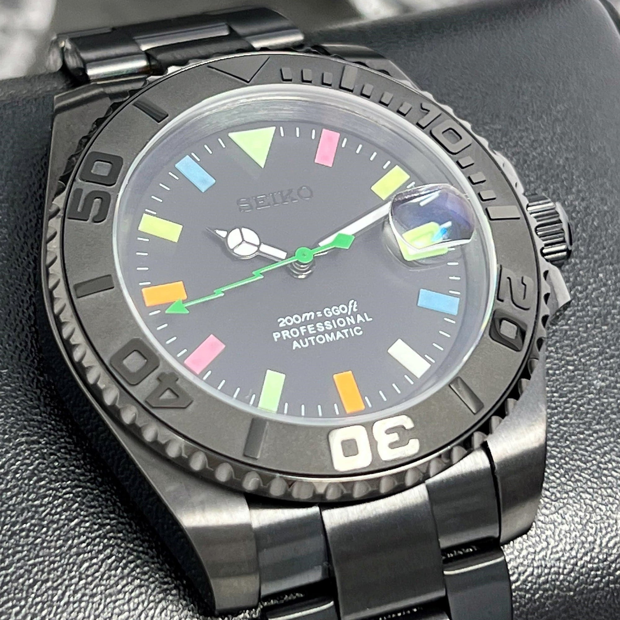 Black Stealth Rainbow Watch Mod | Sapphire Crystal | Oyst Steel Bracelet | Colorful Indices | Color | Lightning | NH35