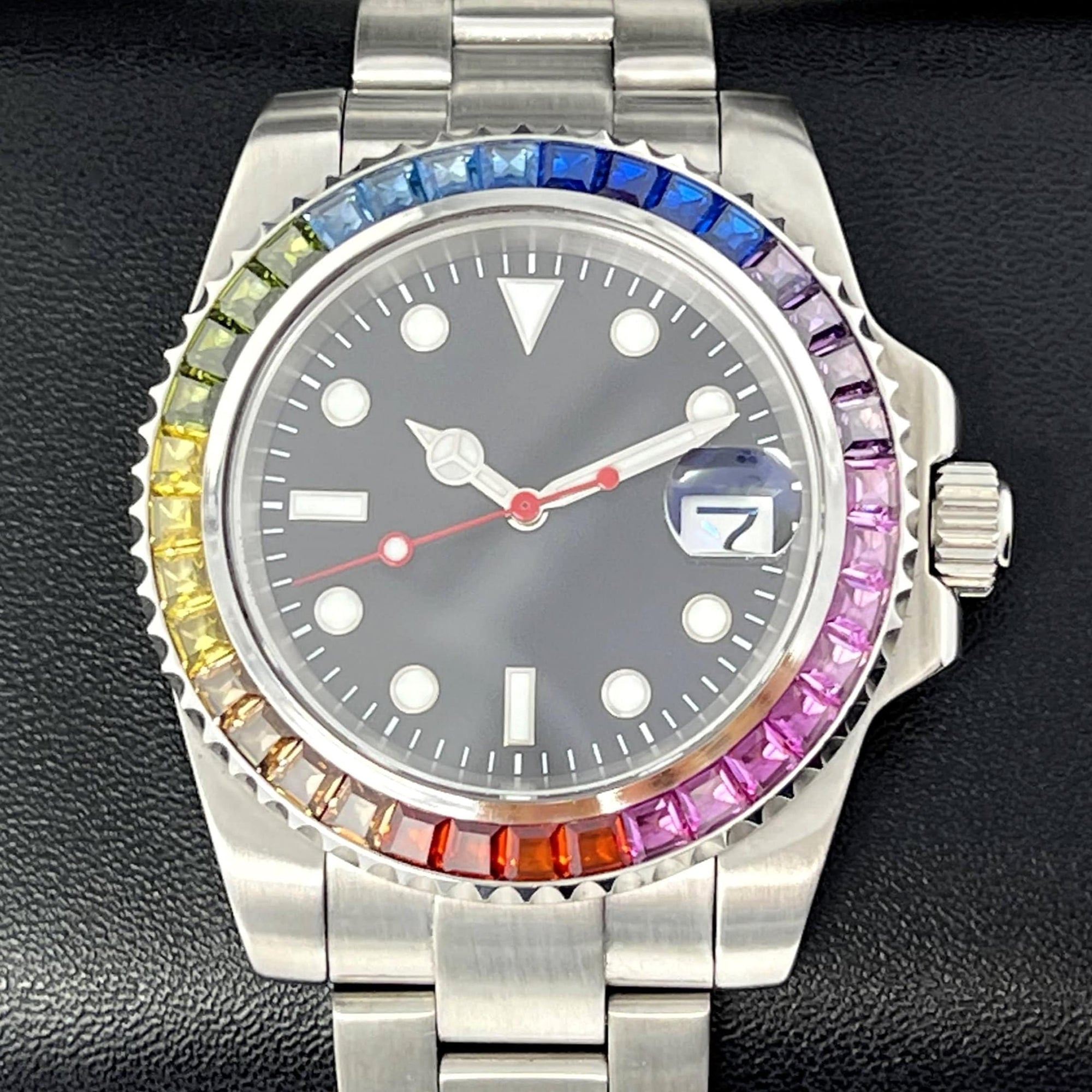 Custom Rainbow Jewel Watch | Stainless Steel, Sapphire Crystal, Oyst Steel Bracelet, Mod, Watch Mod, Bust Down, Bling, Jewel Bezel