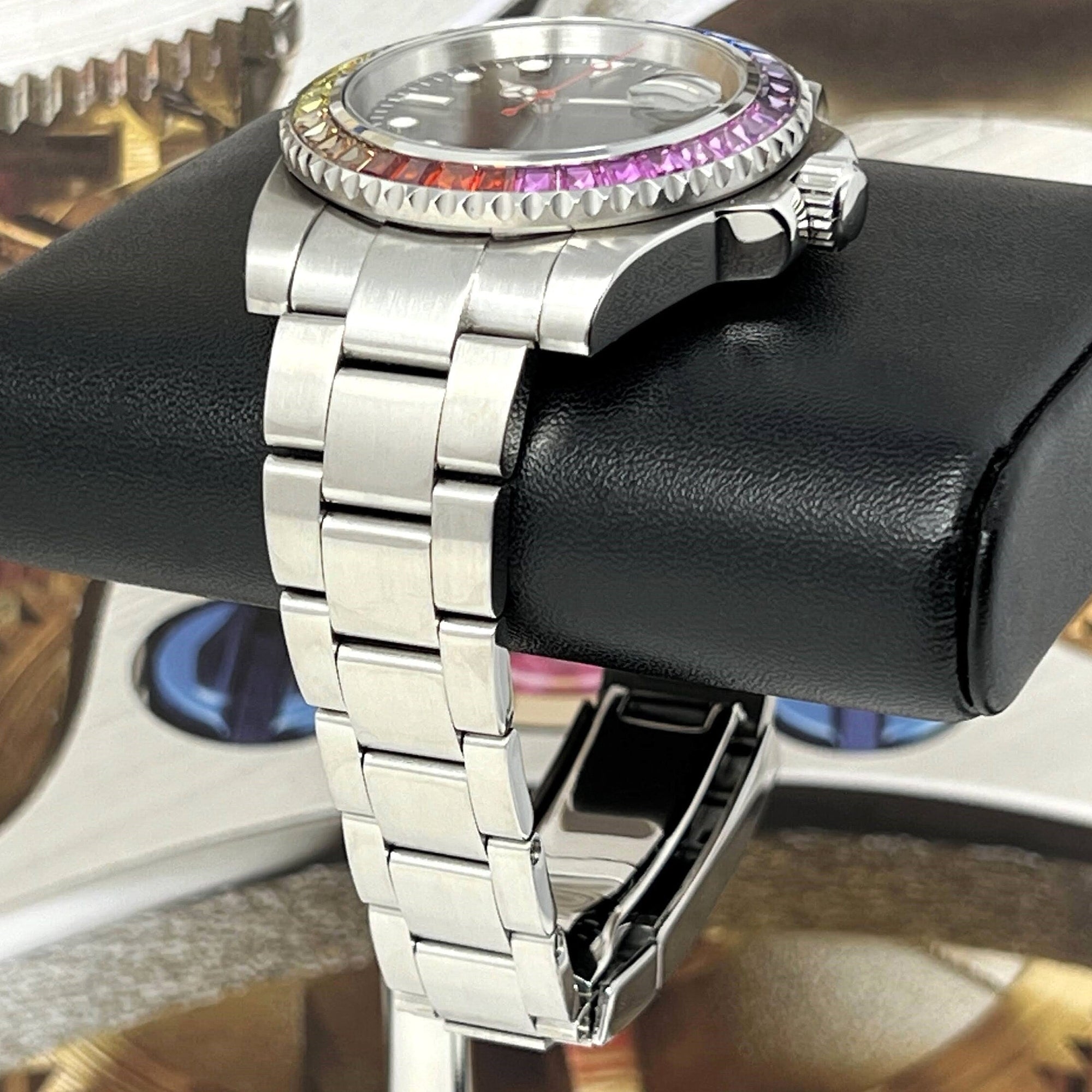 Custom Rainbow Jewel Watch | Stainless Steel, Sapphire Crystal, Oyst Steel Bracelet, Mod, Watch Mod, Bust Down, Bling, Jewel Bezel