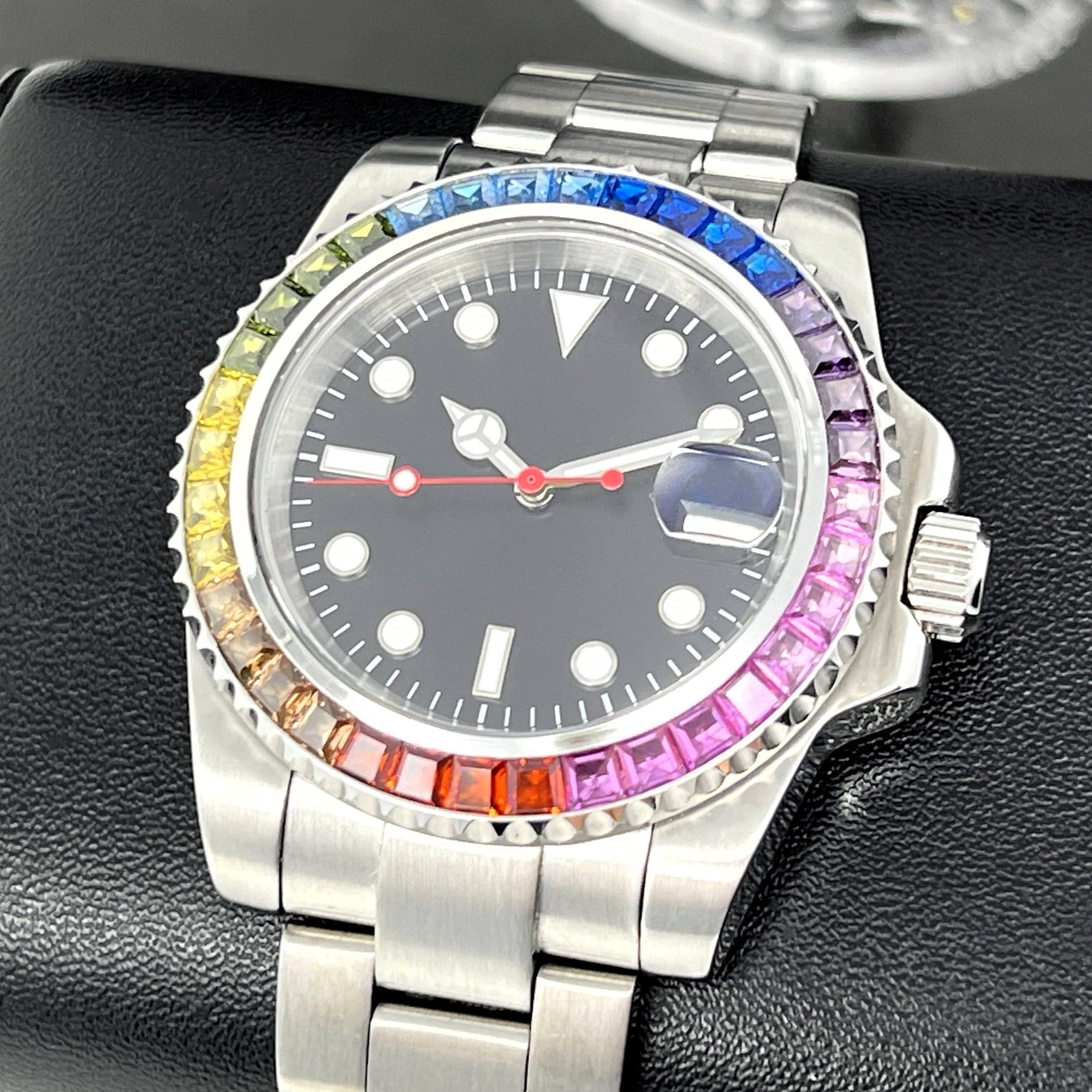 Custom Rainbow Jewel Watch | Stainless Steel, Sapphire Crystal, Oyst Steel Bracelet, Mod, Watch Mod, Bust Down, Bling, Jewel Bezel