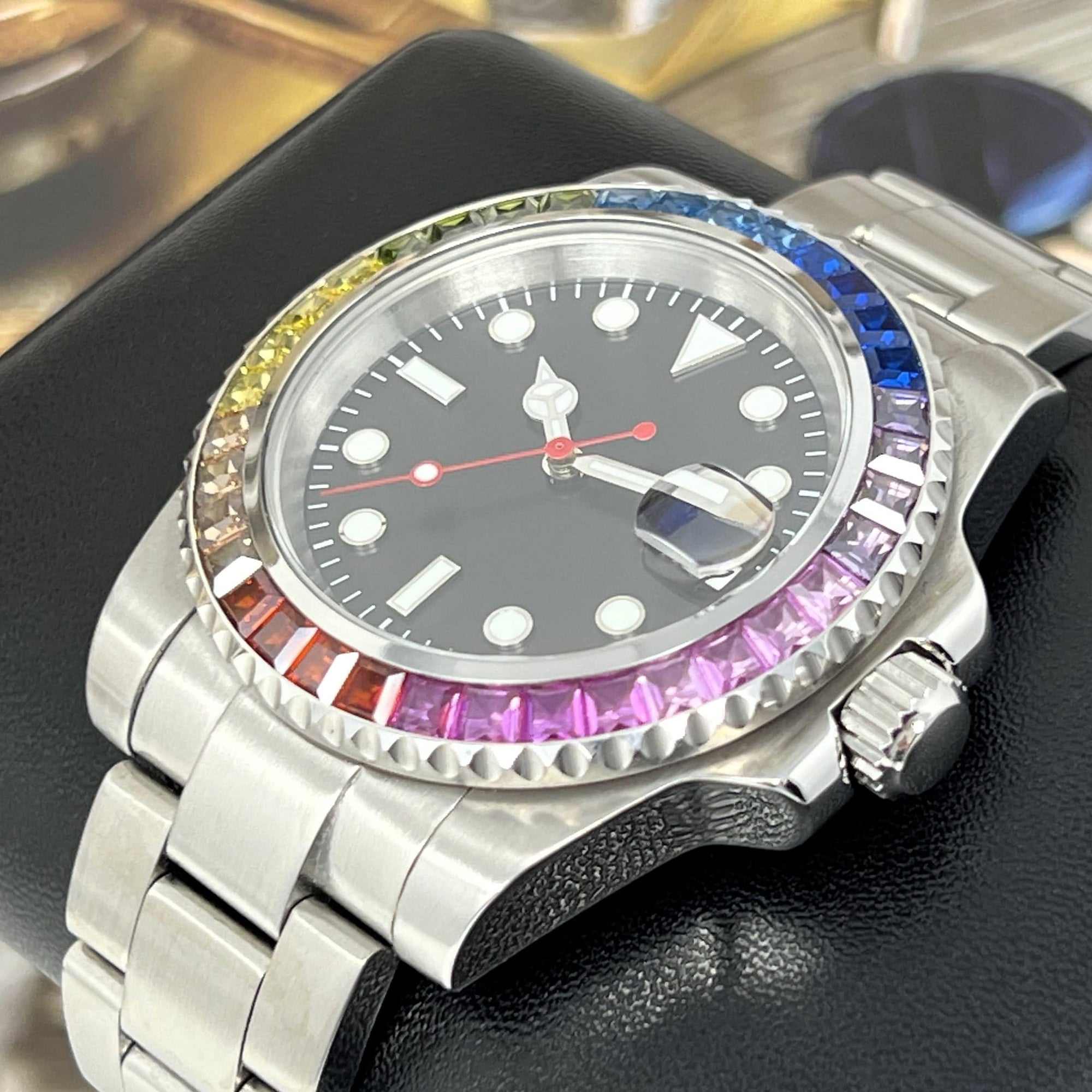 Custom Rainbow Jewel Watch | Stainless Steel, Sapphire Crystal, Oyst Steel Bracelet, Mod, Watch Mod, Bust Down, Bling, Jewel Bezel