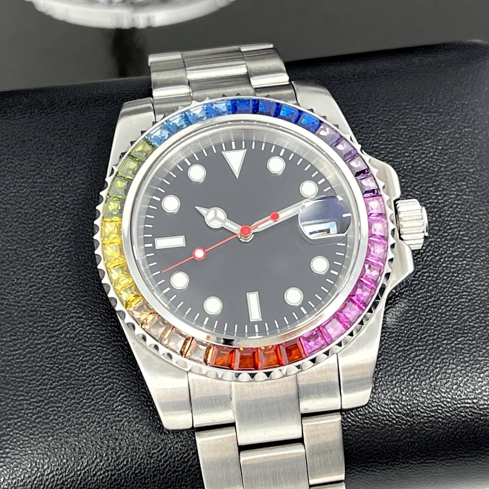 Custom Rainbow Jewel Watch | Stainless Steel, Sapphire Crystal, Oyst Steel Bracelet, Mod, Watch Mod, Bust Down, Bling, Jewel Bezel