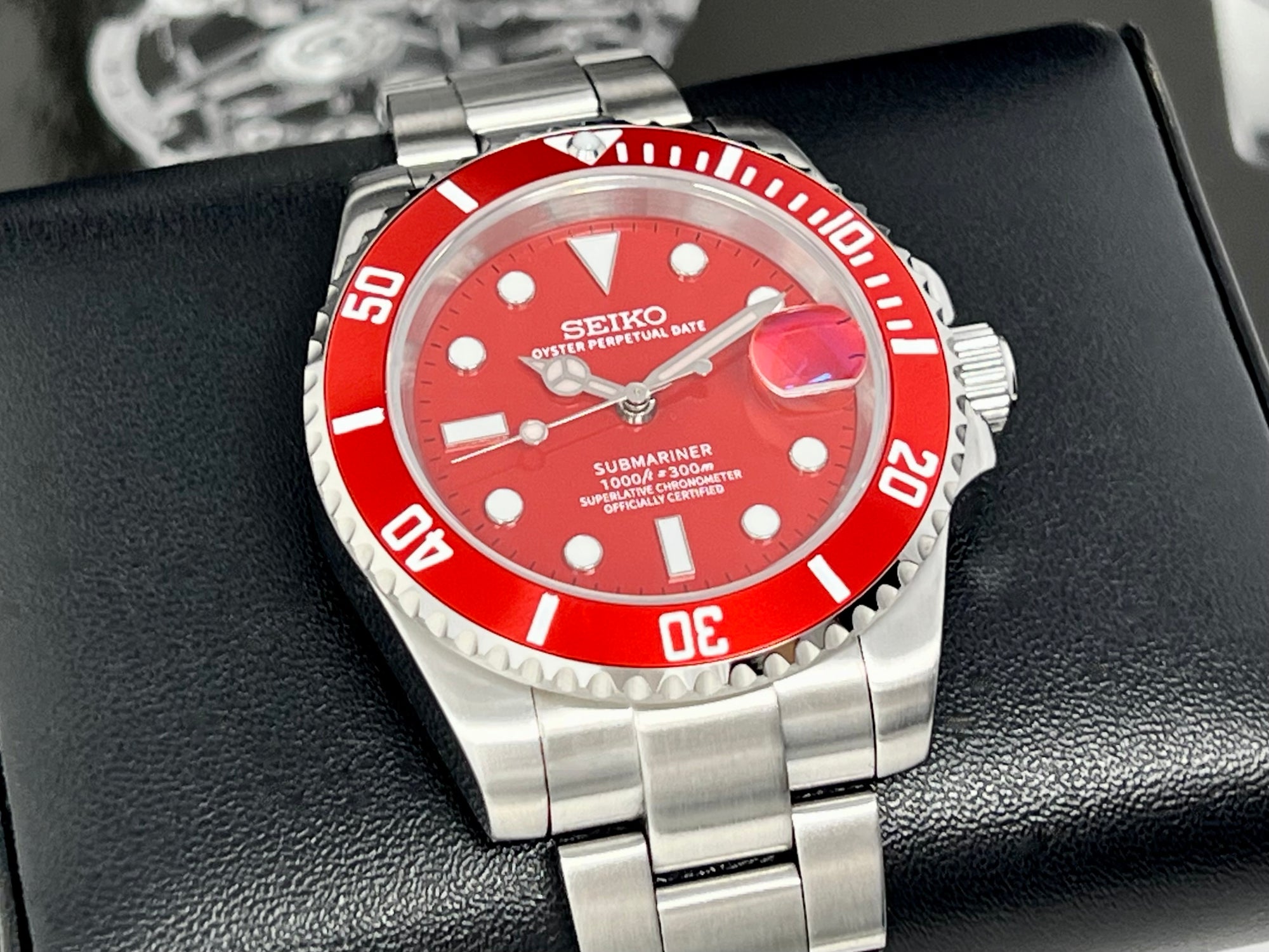Custom Red Submariner Watch | &quot;Iron Man&quot; | Sapphire Crystal | Red Bezel | Red Dial Watch Mod | Seiko NH35 Automatic
