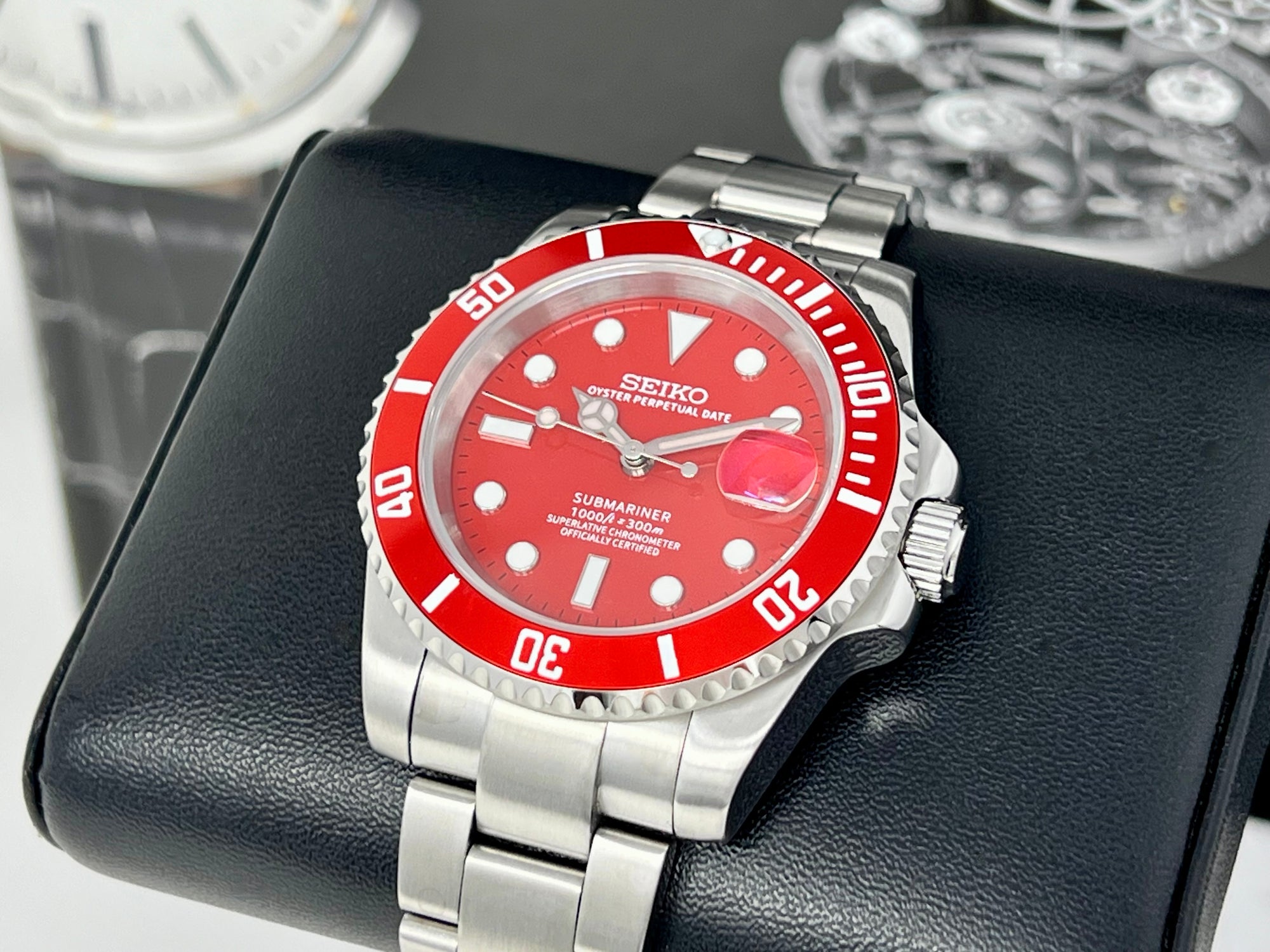 Custom Red Submariner Watch | &quot;Iron Man&quot; | Sapphire Crystal | Red Bezel | Red Dial Watch Mod | Seiko NH35 Automatic