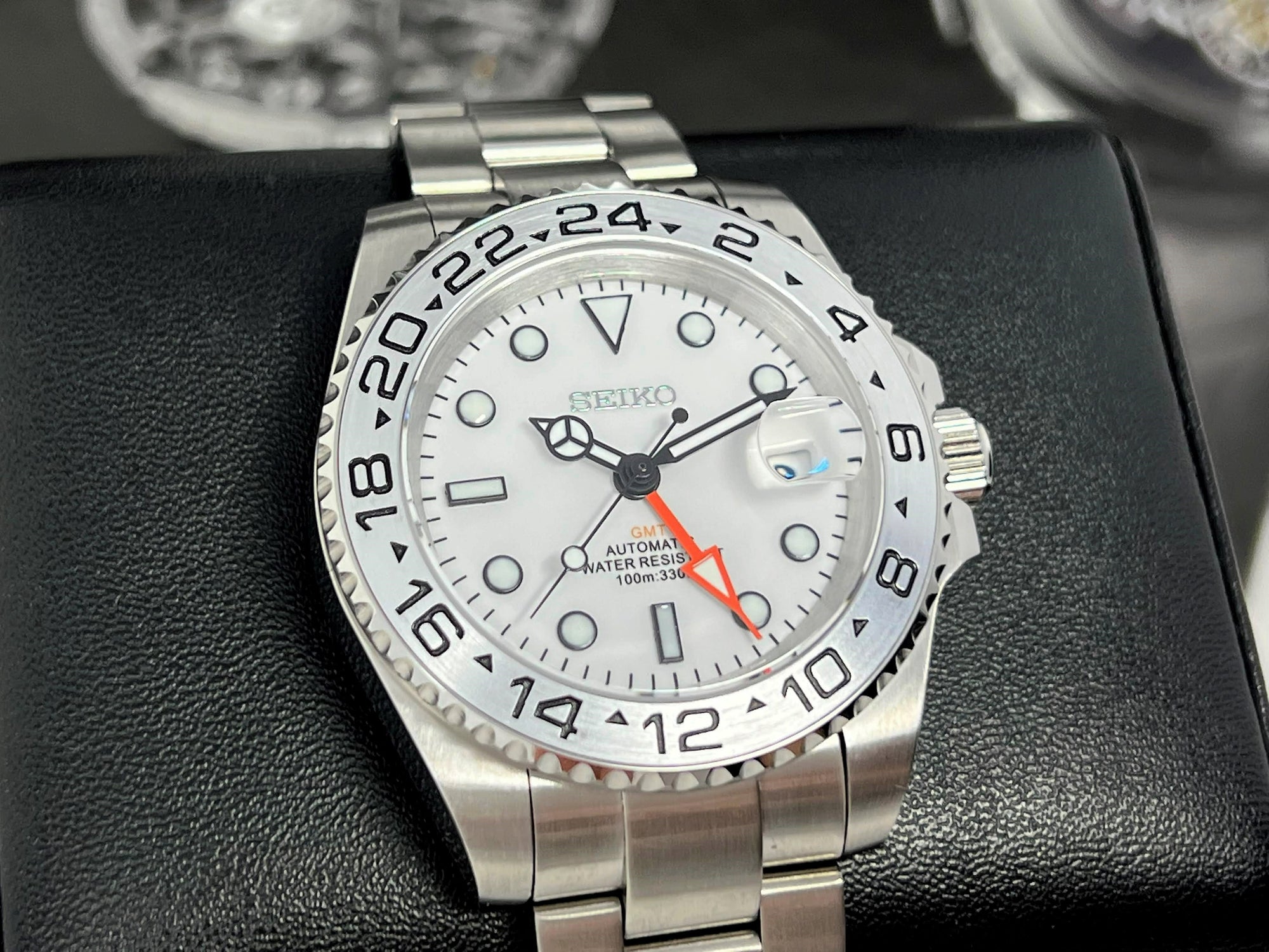 Custom Explorer II Watch | 4 Hand GMT | Polar White 41mm, Stainless Steel Sports Watch, White Dial, Seiko NH34 Automatic Movement, Mens Gift