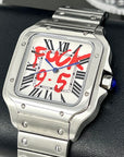 Custom Santos Mod | Fuck 9 to 5 Watch | Stainless Steel Watch | 38mm | Silver Automatic Watch | NH35 Movement | White Dial | Red