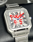 Custom Santos Mod | Fuck 9 to 5 Watch | Stainless Steel Watch | 38mm | Silver Automatic Watch | NH35 Movement | White Dial | Red