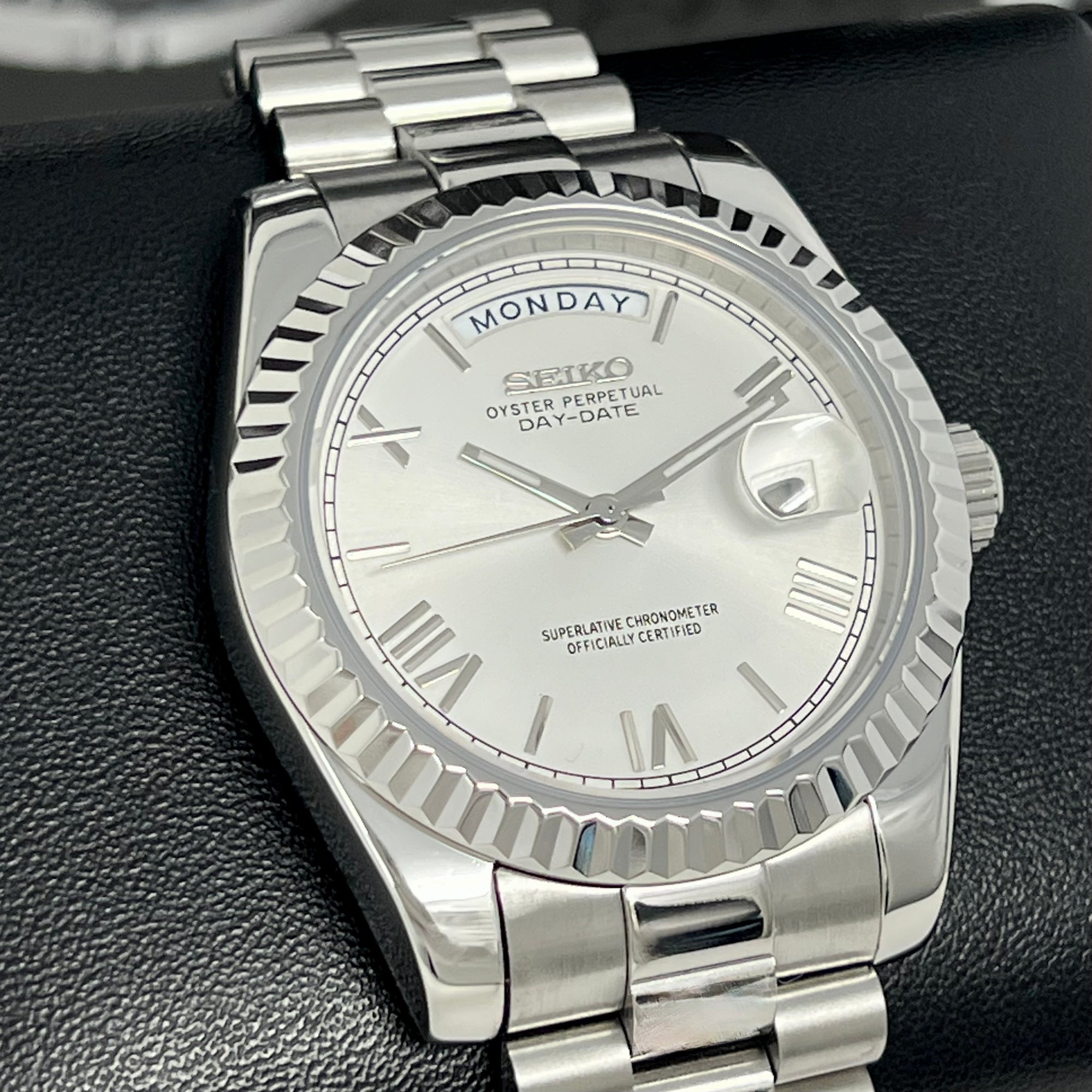 Custom Miyota Day Date Mod | Fluted Bezel | Silver White Dial | Pres Bracelet | Date | Miyota 8285 |  Mod (Copy)