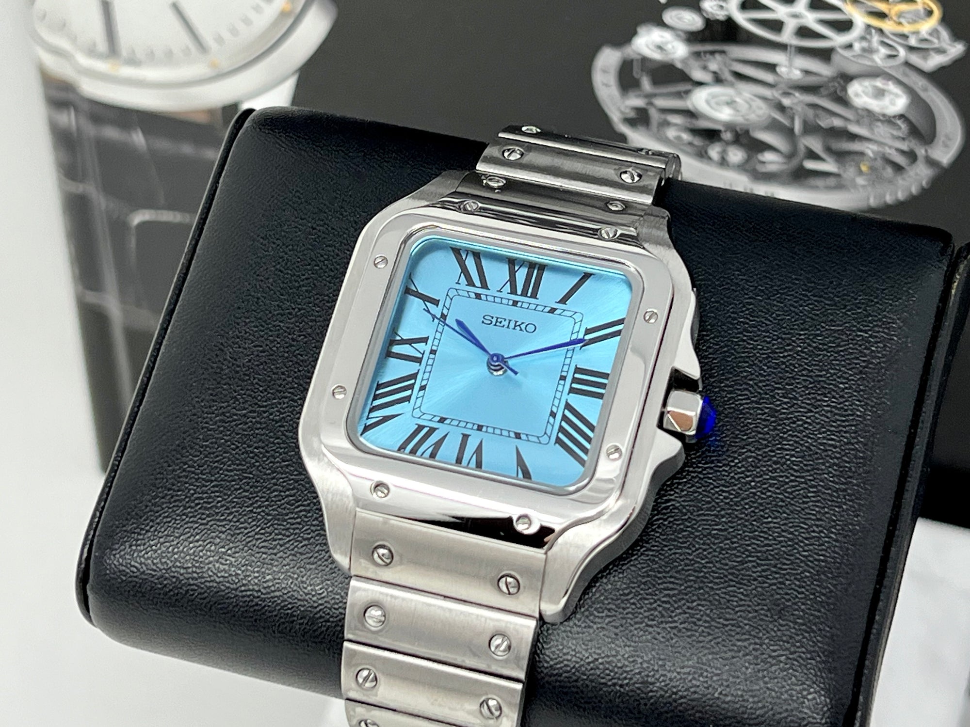 Custom Seiko Santos Mod | Stainless Steel Watch | 38mm | Sky Blue Dial | Automatic Watch | Seiko NH35 Movement