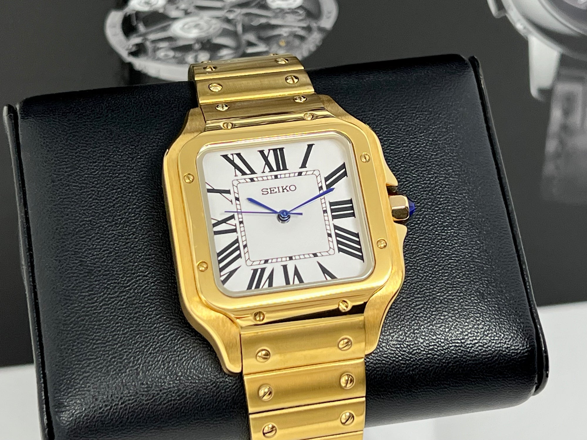 Custom Gold Santos Mod | Stainless Steel Watch | 38mm | Classic White Dial | Automatic Watch | Seiko NH35 Movement