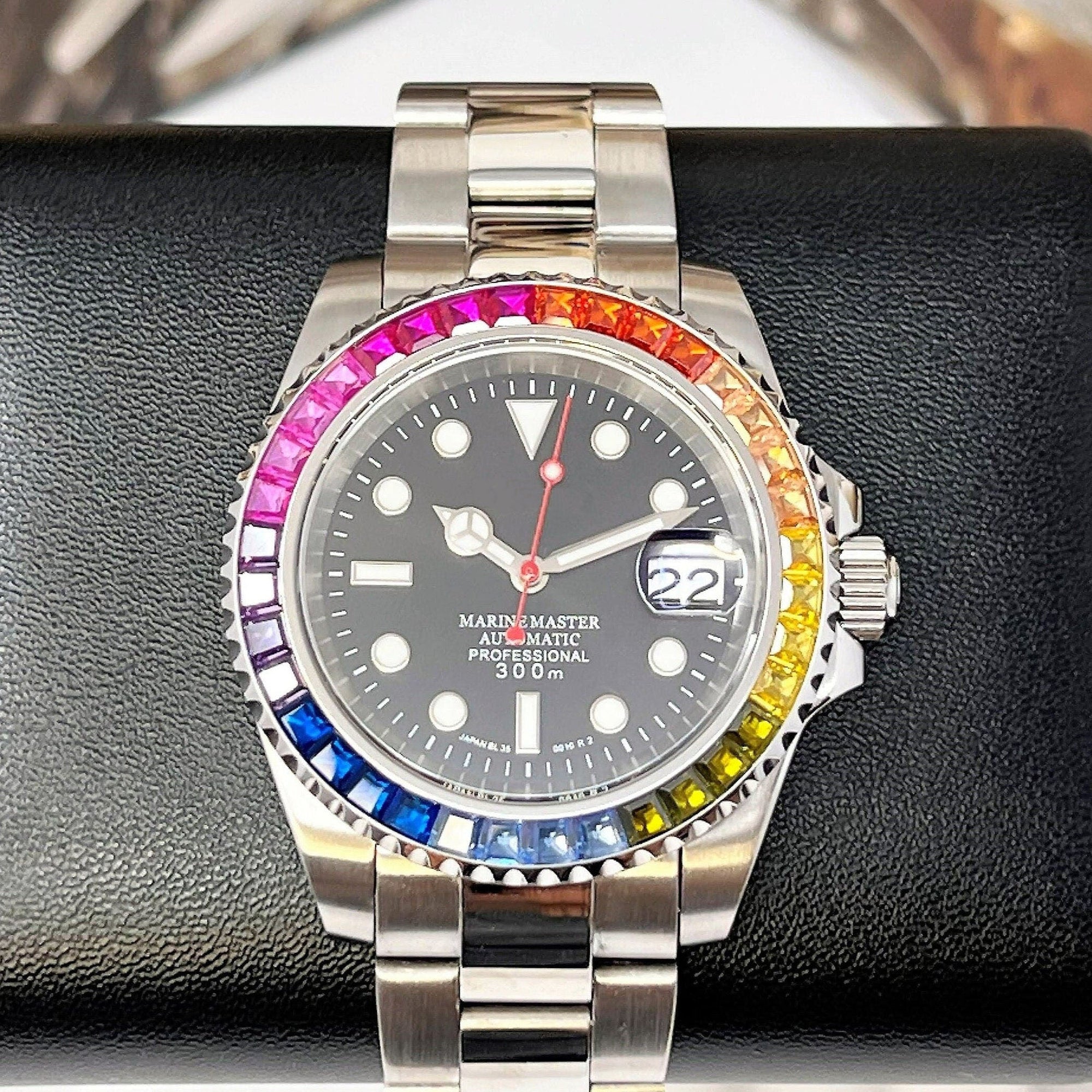 Rainbow | Stainless Steel with Sapphire Crystal | Oyst Steel Bracelet with Rainbow Jewel Bezel | Bust Down | Watch Mod | Bling